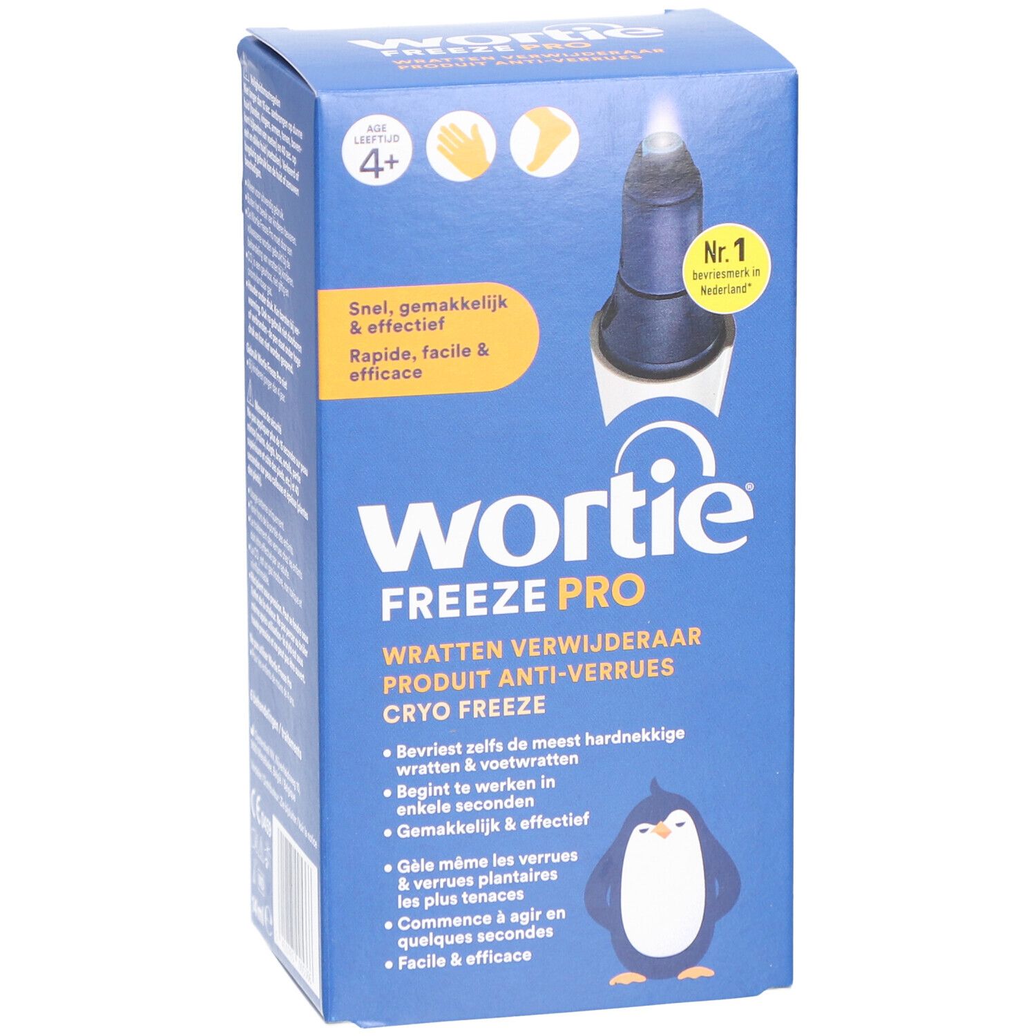 Face avant de la boîte bleue Wortie Freeze Pro. Contient l'image du produit, du texte en néerlandais et en français, et un logo pingouin.