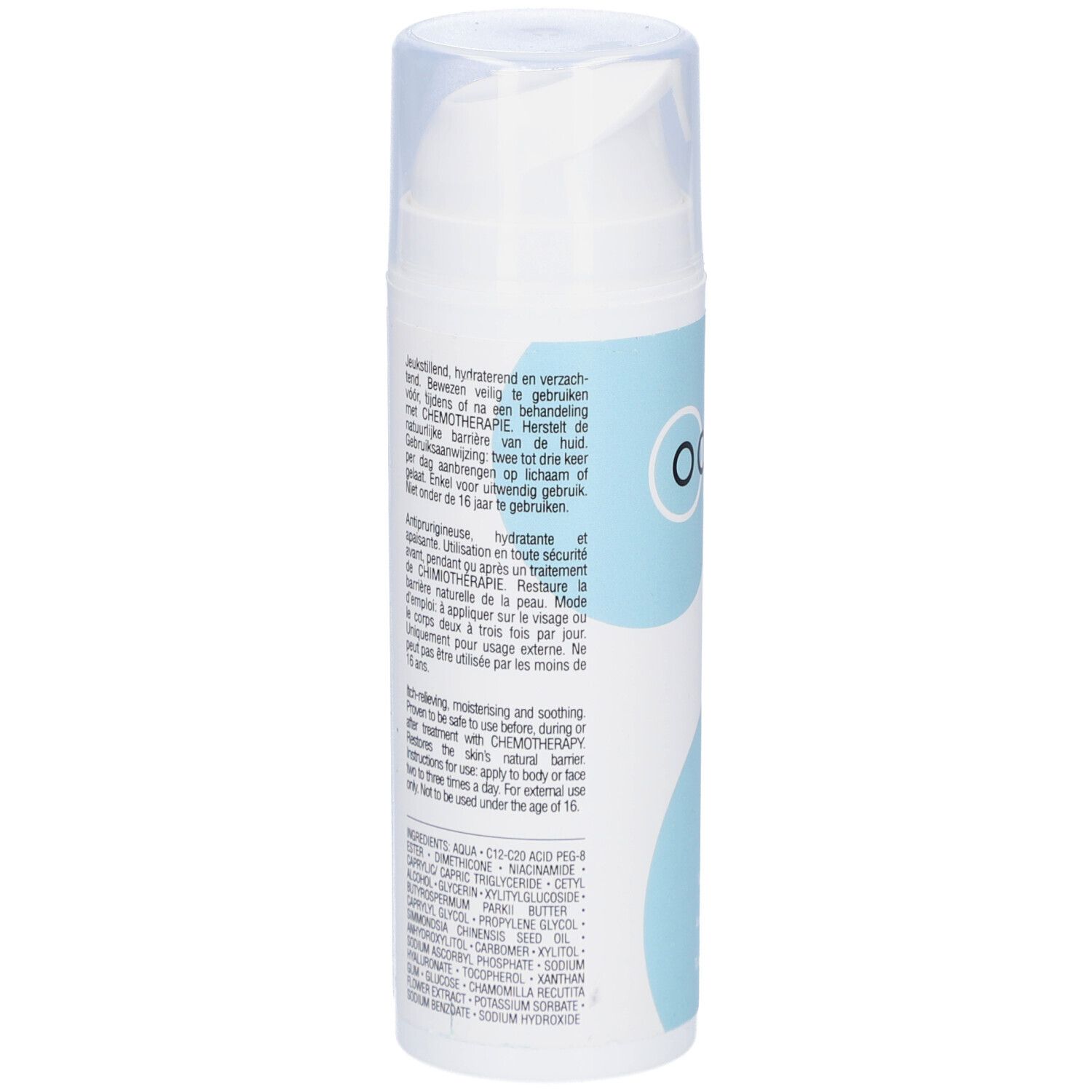 Dos du flacon de crème. Texte multilingue. Pour la peau pendant la chimiothérapie. Ingrédients.