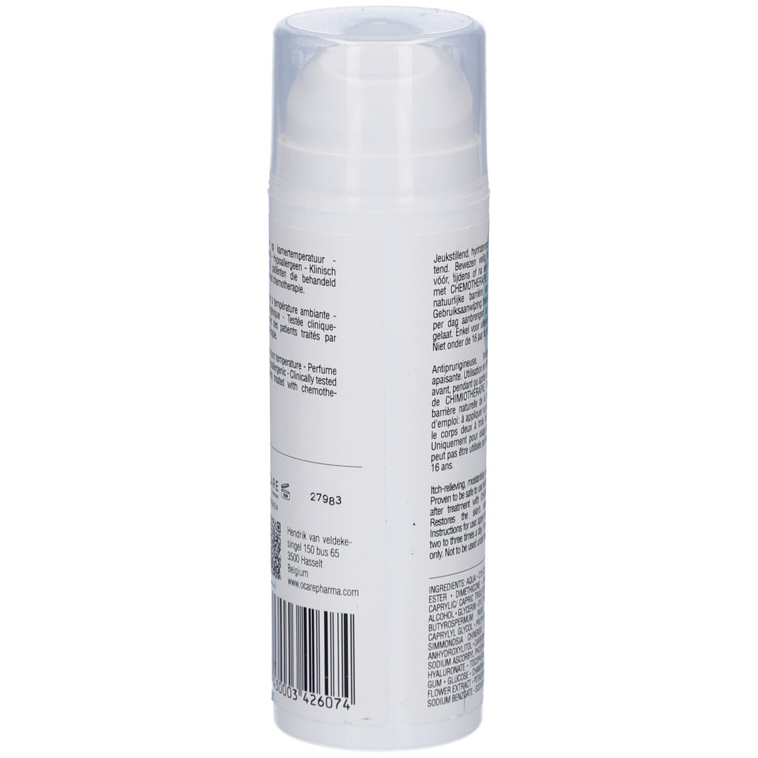 Dos du flacon de crème. Texte multilingue. Code-barres et coordonnées.