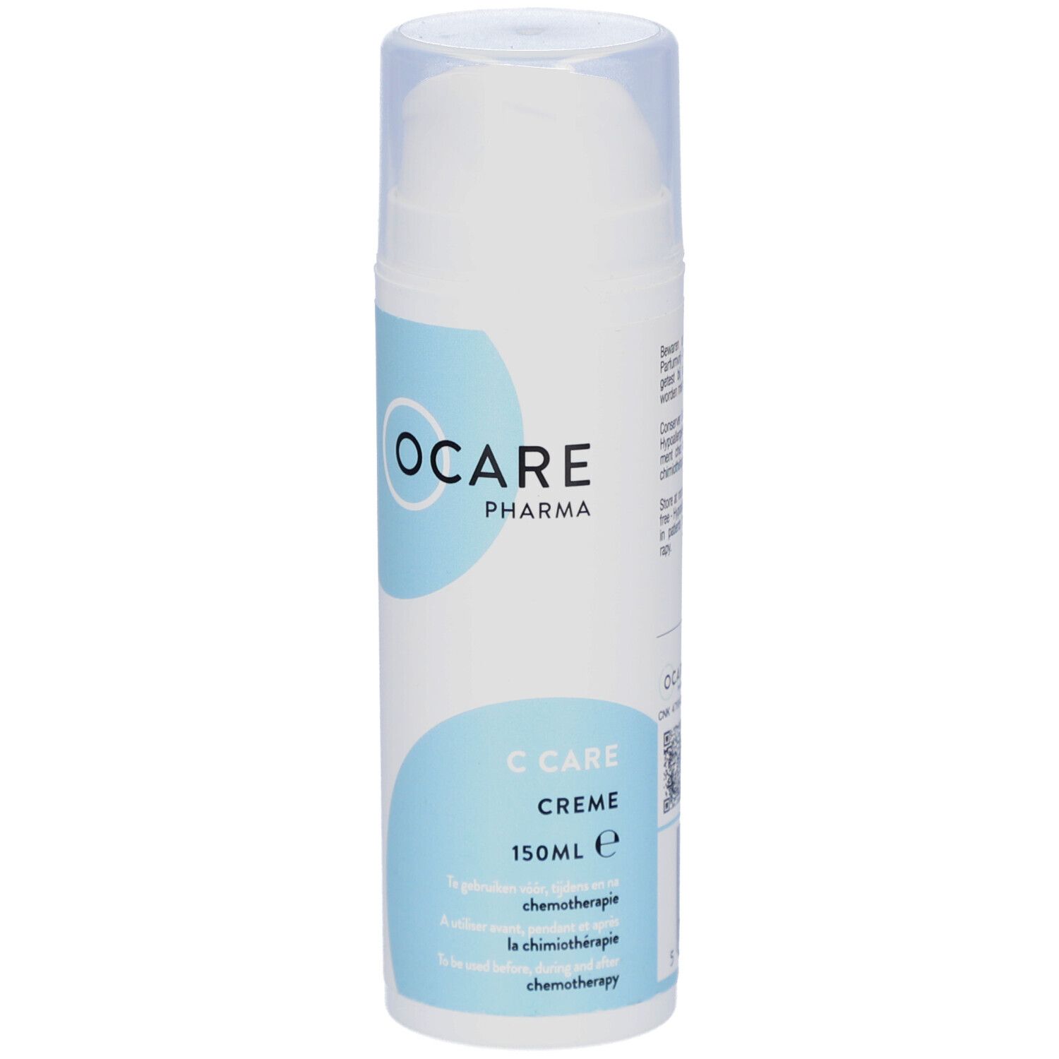 Flacon de crème blanc avec design bleu. OCARE PHARMA, C CARE CREME, 150ml. Pour la peau pendant la chimiothérapie.