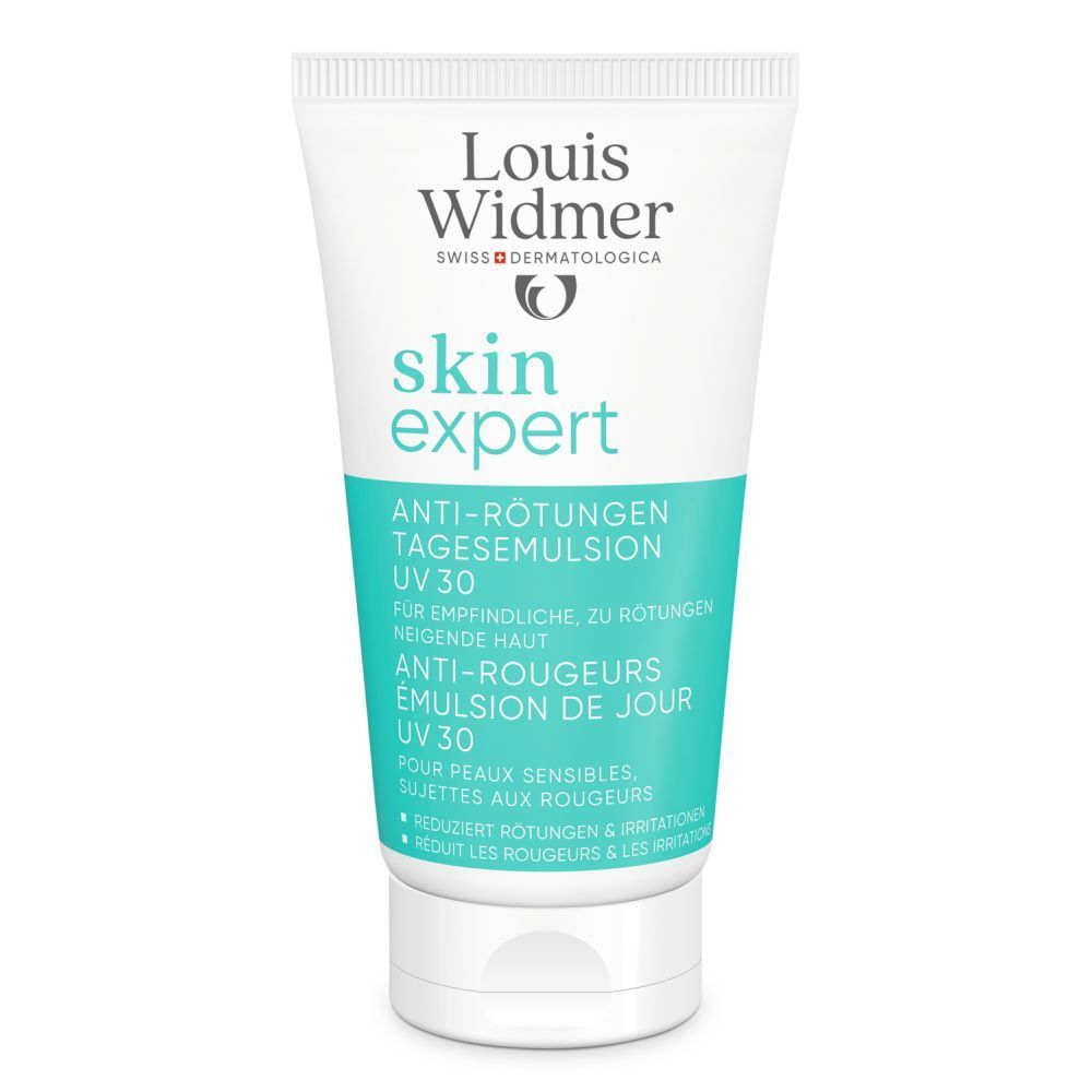 Tube blanche avec étiquette verte. Inscription: Louis Widmer, skin expert, Anti-rougeurs Émulsion de jour UV30.