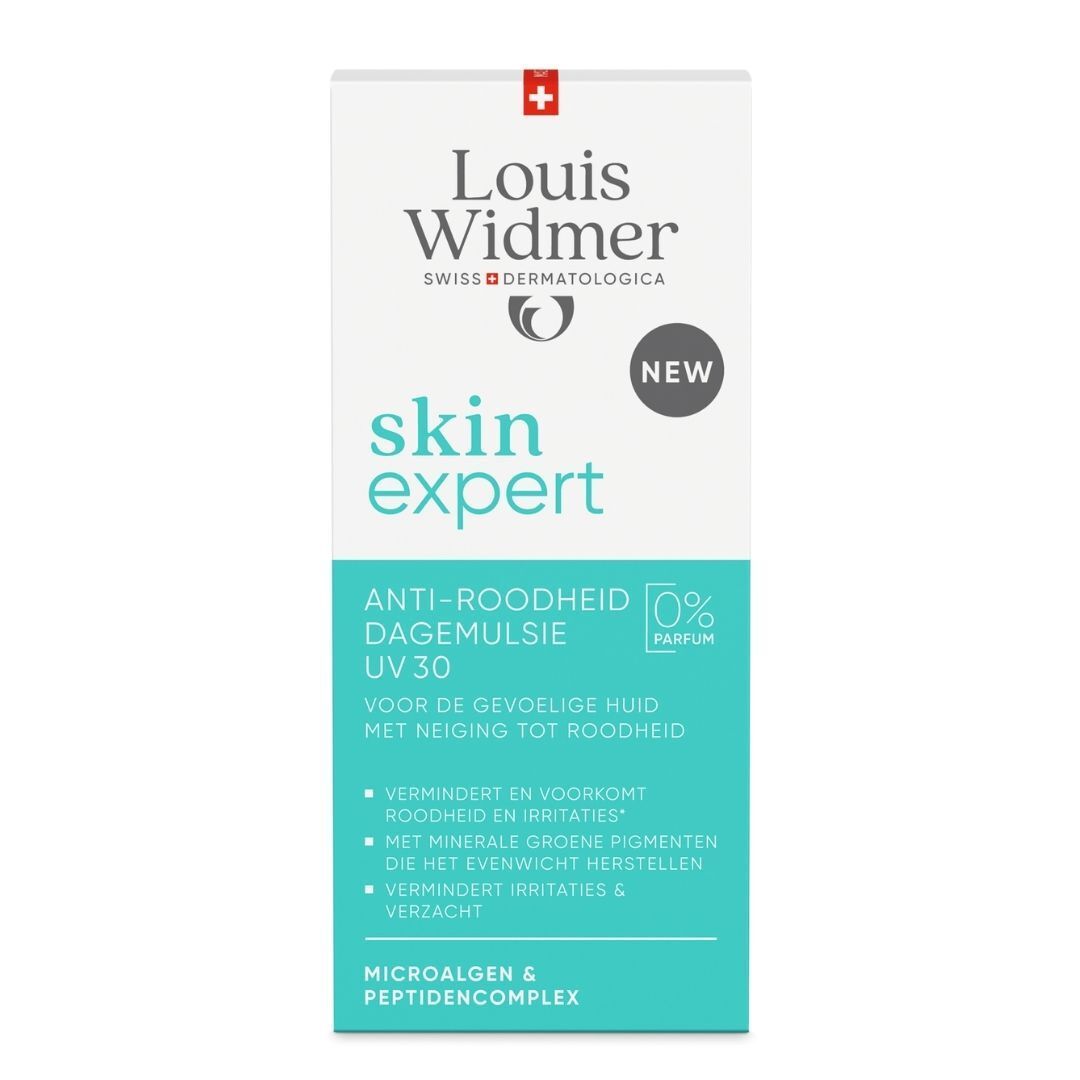 Boîte blanche avec inscription: Louis Widmer, skin expert, Anti-rougeurs. Avec 'NEW' et '0% Parfum'.