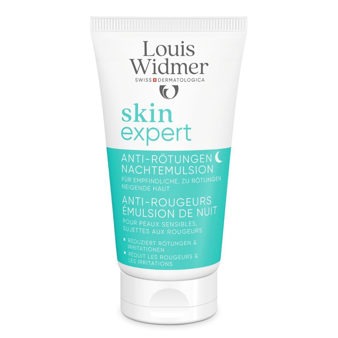 Tube de crème Louis Widmer. Skin Expert Anti-Rougeurs Émulsion de Nuit. Tube blanc avec accents turquoise.