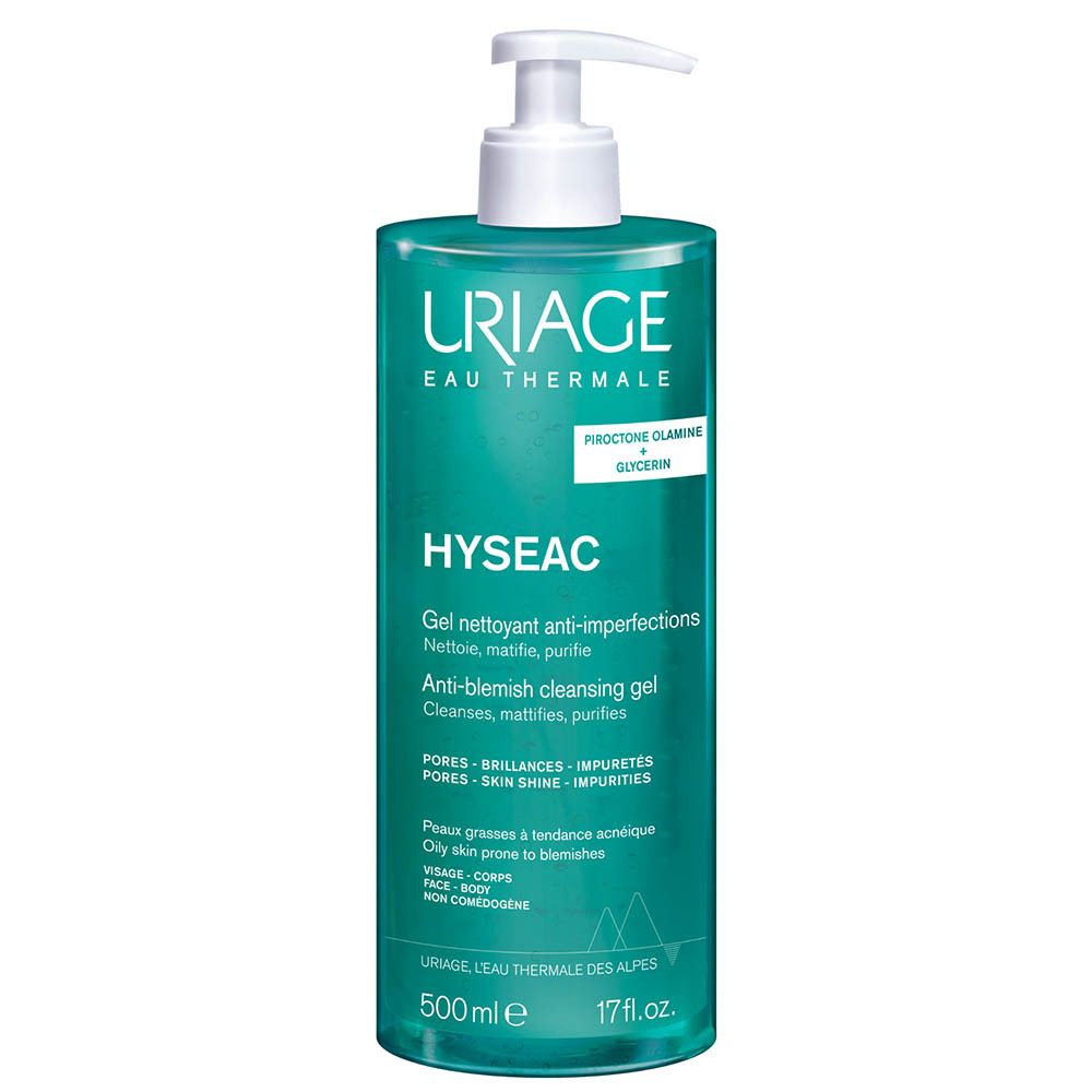 Gel nettoyant anti-imperfections Uriage Hyséac. Flacon pompe vert. Contient Piroctone Olamine et Glycérine. Pour peaux à imperfections.