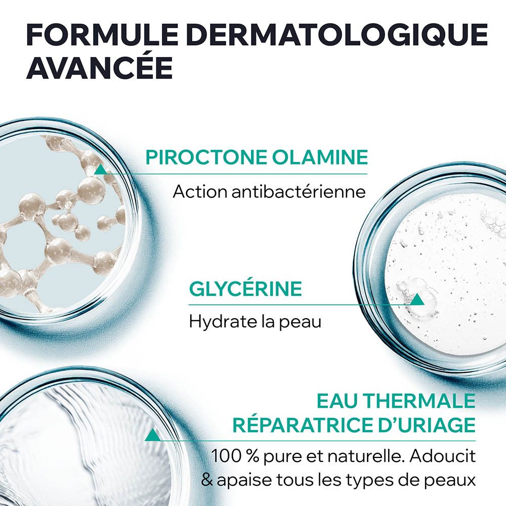 Graphique avec ingrédients. Piroctone Olamine, Glycérine, Eau Thermale Réparatrice d'Uriage. 100% pure et naturelle.