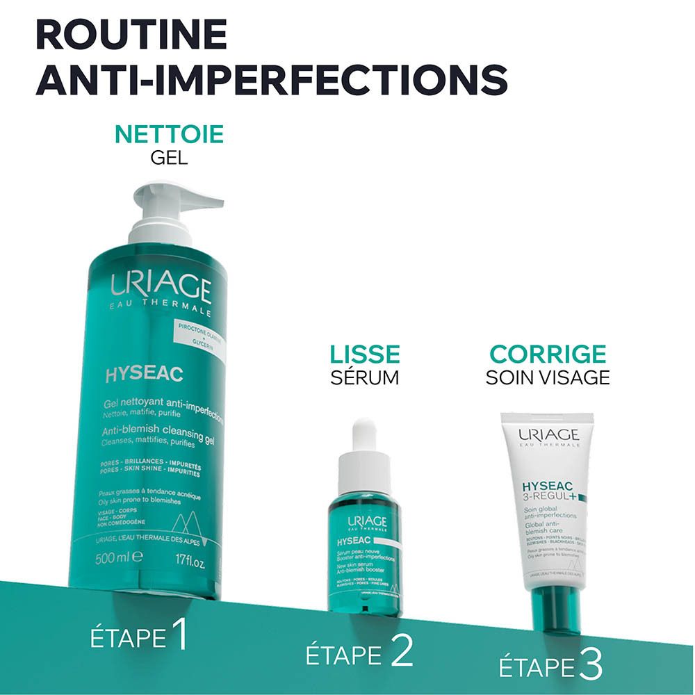 Gamme de produits Uriage Hyséac. Gel nettoyant, sérum, soin visage. Étapes 1, 2, 3. Pour une routine anti-imperfections.