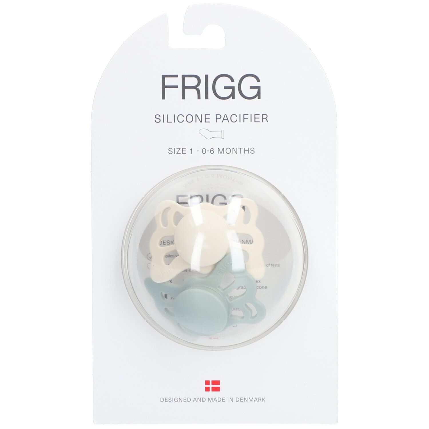FRIGG sucette papillon silicone crème-sauge 0-6 mois, emballage.