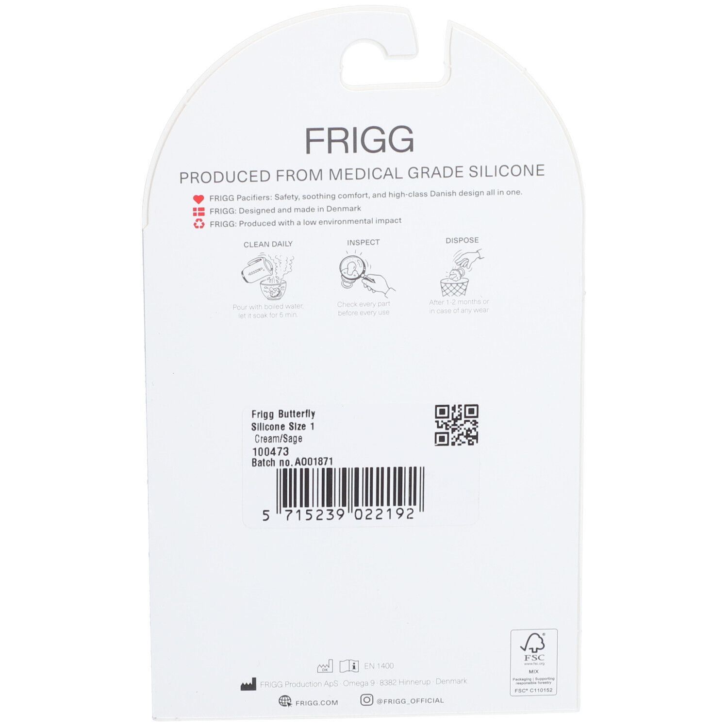 Dos de l'emballage de la sucette FRIGG. Informations sur le matériau et l'entretien.