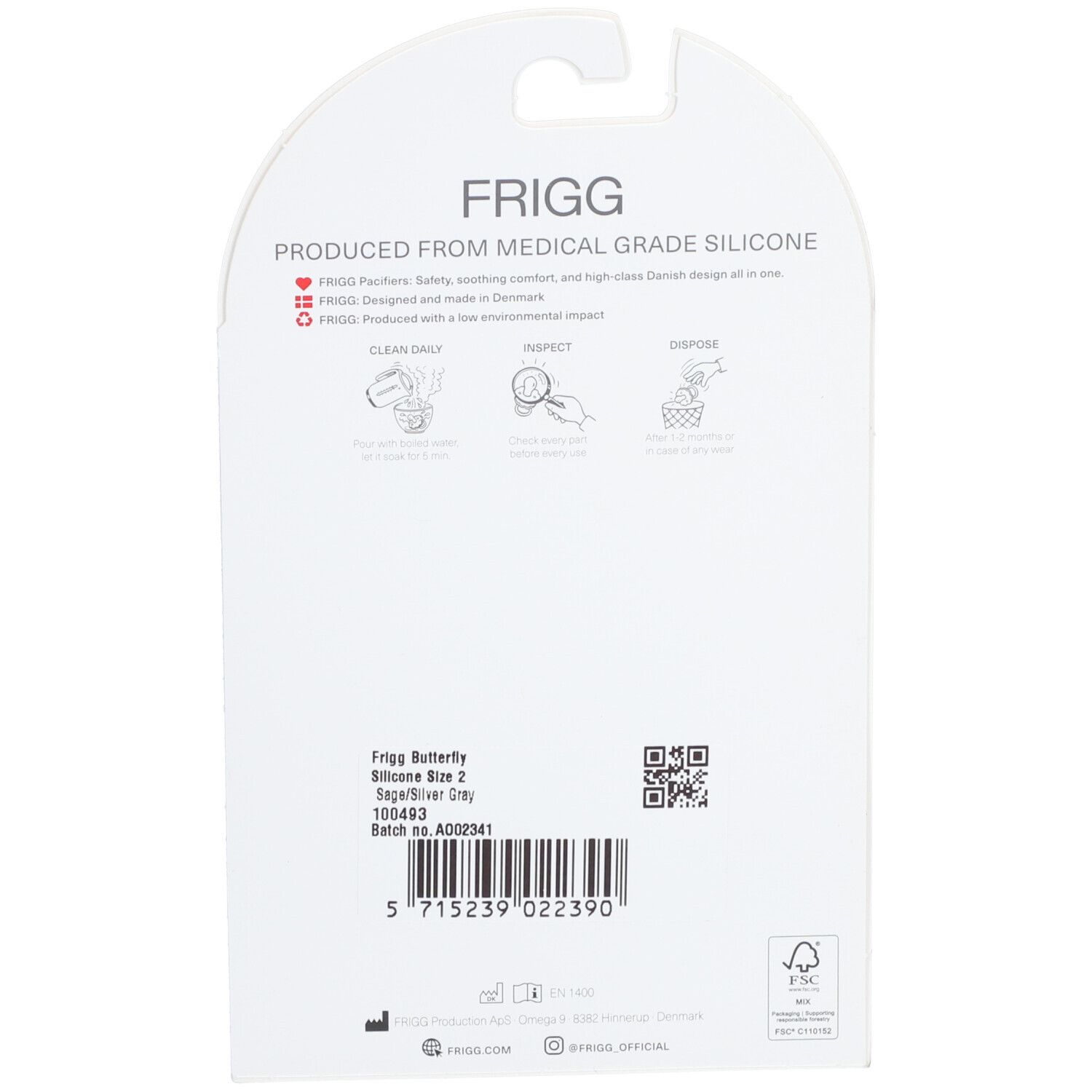 Dos de l'emballage avec informations sur le produit. Marque FRIGG. Texte : "PRODUCED FROM MEDICAL GRADE SILICONE".
