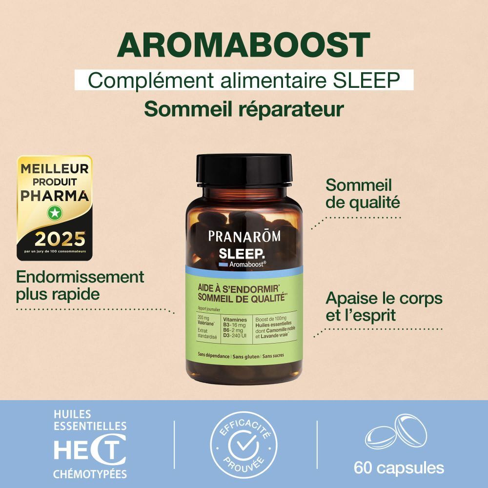 Graphique Aromaboost SLEEP. Complément alimentaire. Sommeil réparateur. Flacon avec capsules. 60 capsules.