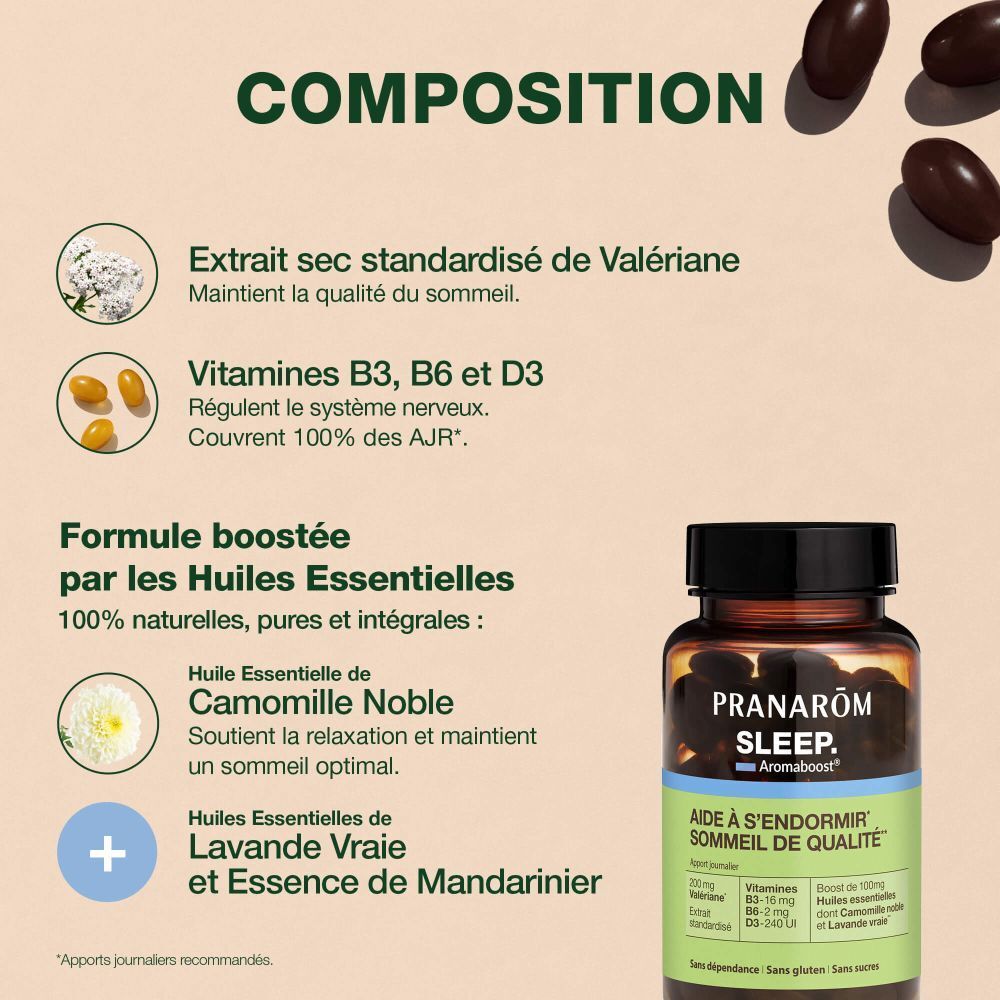 Graphique. Extrait de valériane, vitamines B3, B6, D3, huiles essentielles de camomille et lavande. Flacon capsules.