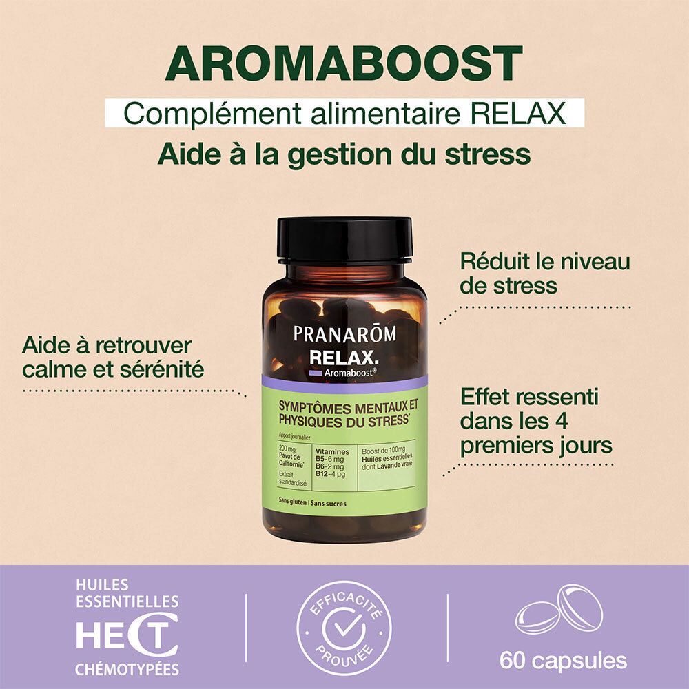 Flacon de produit avec texte: Aromaboost, Complément alimentaire RELAX, Aide à la gestion du stress. 60 capsules.