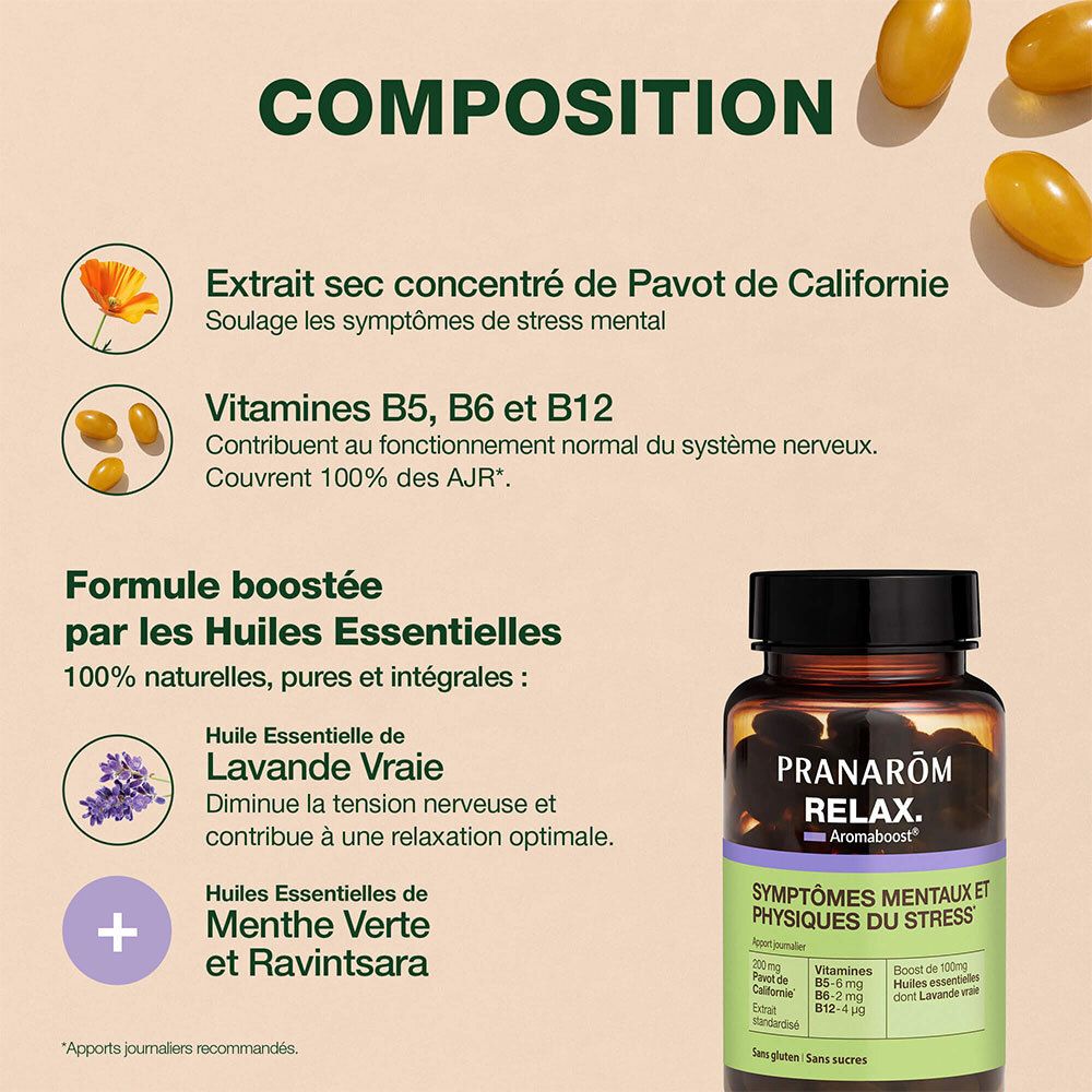 Flacon de produit avec texte: Composition. Extrait de pavot de Californie, vitamines B5, B6, B12. Formule aux huiles essentielles.
