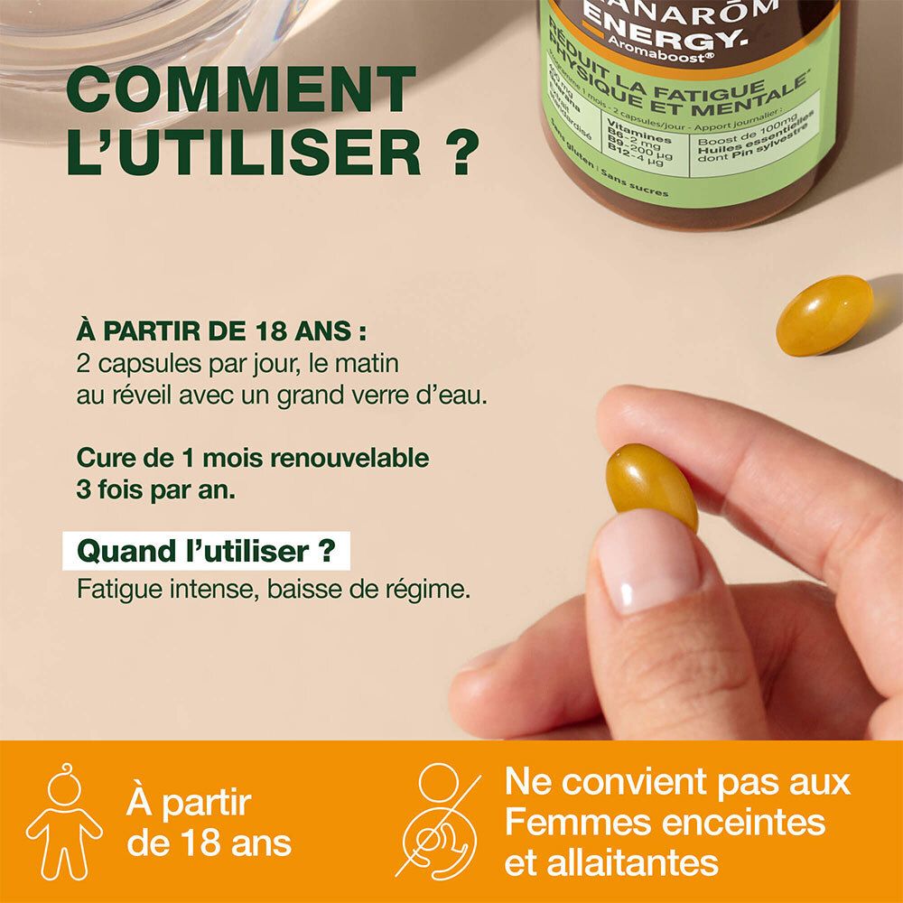 Utilisation: Dès 18 ans, 2 gélules/jour, le matin. Cure de 1 mois, 3 fois/an. Ne convient pas aux femmes enceintes et allaitantes.