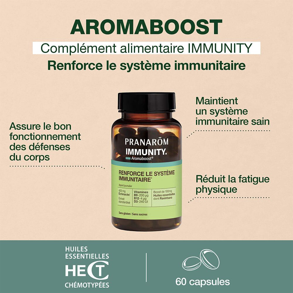 Flacon de produit avec texte et illustrations. Texte : Aromaboost, complément alimentaire, IMMUNITÉ. 60 capsules.