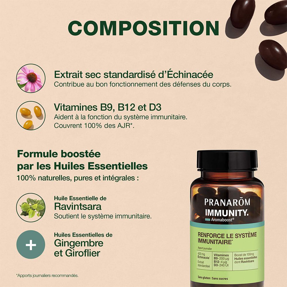 Flacon de produit avec texte et illustrations. Texte : Échinacée, vitamines B9, B12, D3. Formule aux huiles essentielles.