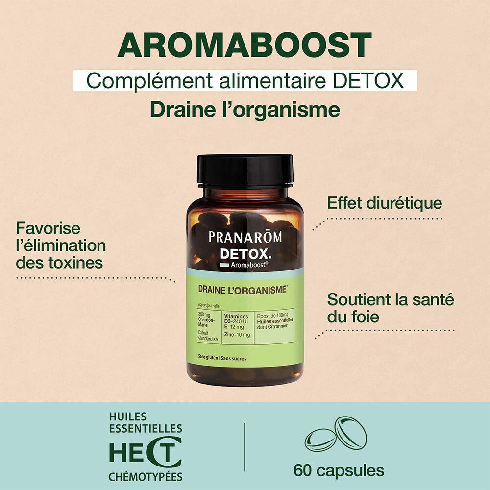 Flacon de produit avec texte et illustrations. Aromaboost Detox. Favorise la détoxification. 60 gélules.