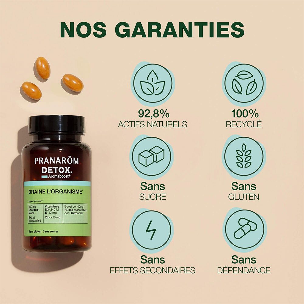 Flacon de produit avec texte et illustrations. 92,8% actifs naturels, 100% recyclé, sans sucre, gluten, effets secondaires.