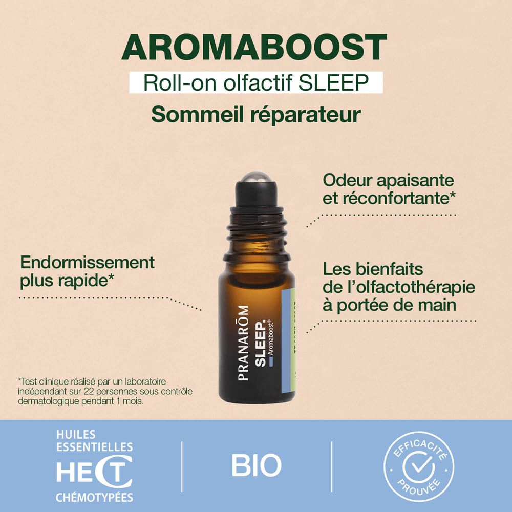 Arrière du roll-on Pranarôm Aromaboost Sommeil avec numéro de lot et sceau ECO GARANTIE.