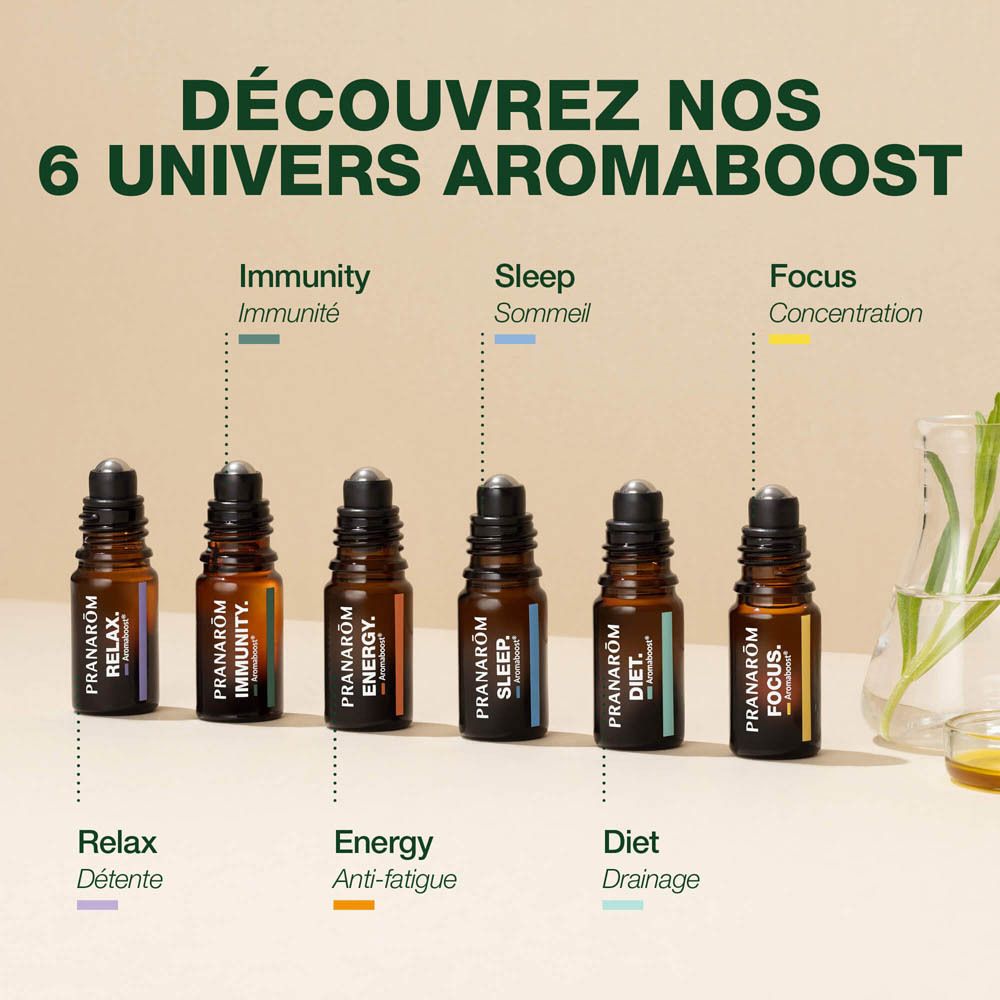 Roll-on Pranarôm Aromaboost Sommeil et son emballage avec instructions.