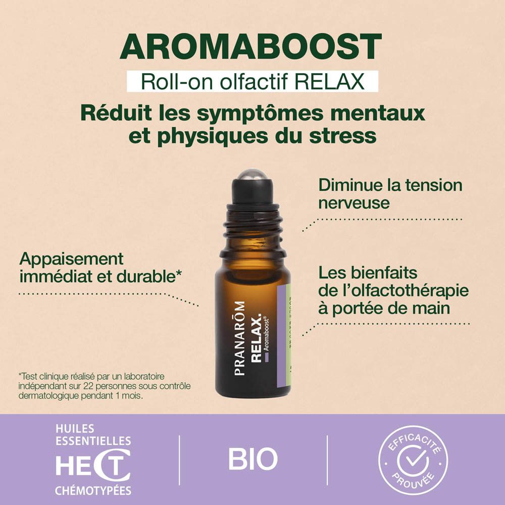 Arrière du roll-on Pranarom Aromaboost Relax avec numéro de lot et sceau bio.