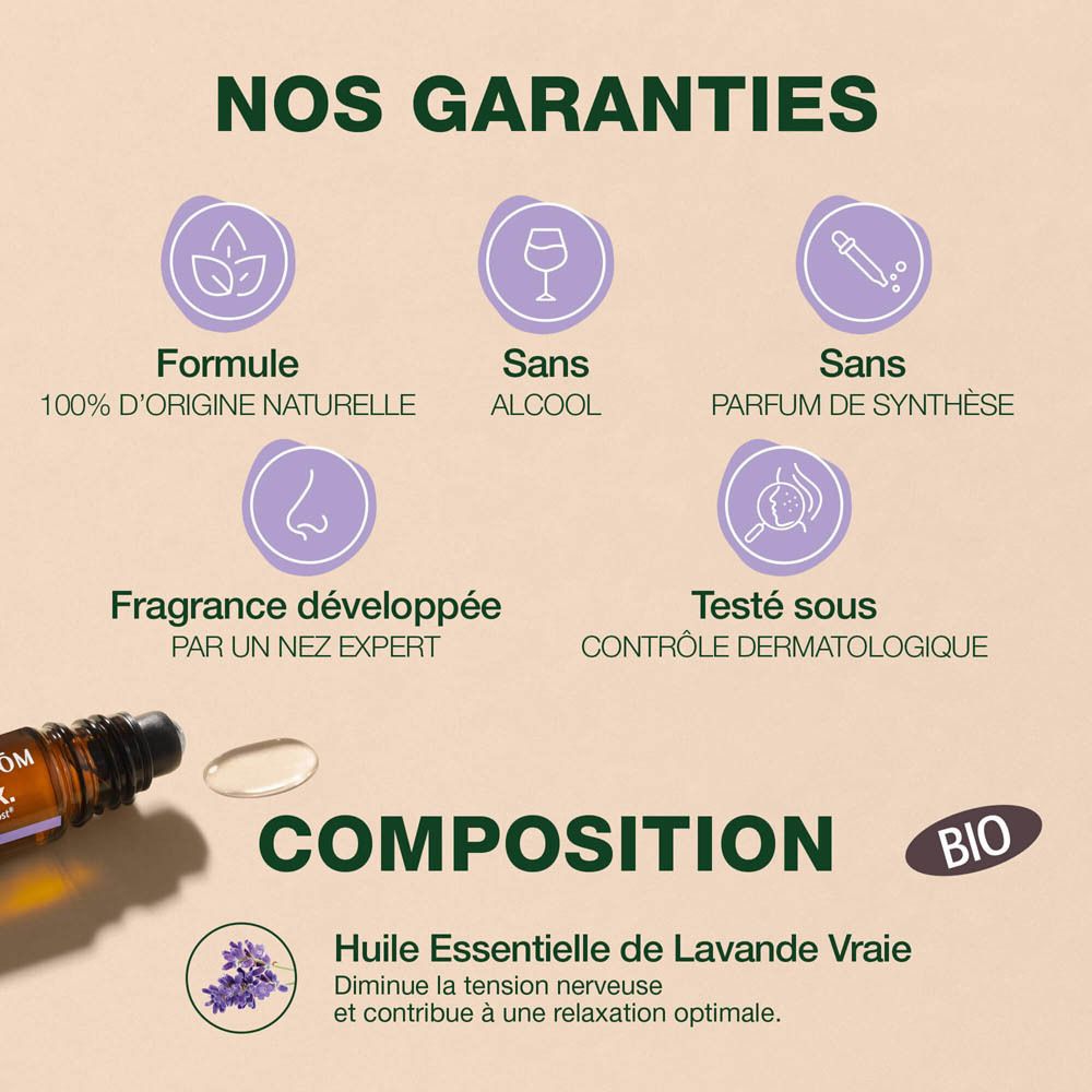 Côté du roll-on Pranarom Aromaboost Relax avec instructions d'utilisation et sceau bio.