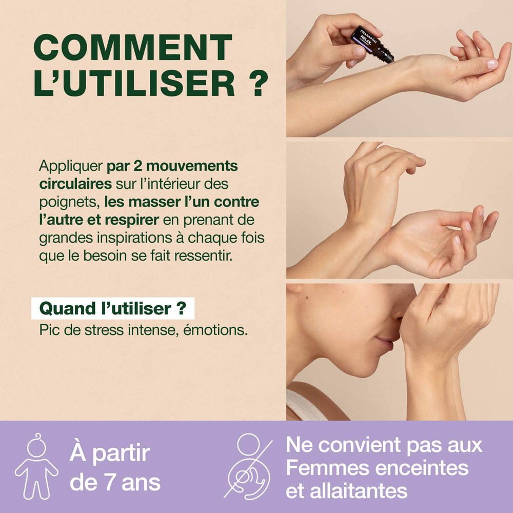 Roll-on Pranarom Aromaboost Relax avec étiquette indiquant 'Relax' et 'Aromaboost'.