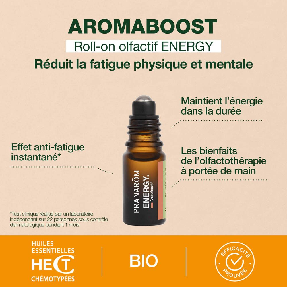Arrière du flacon roll-on Pranarom Aromaboost Energy avec textes français.
