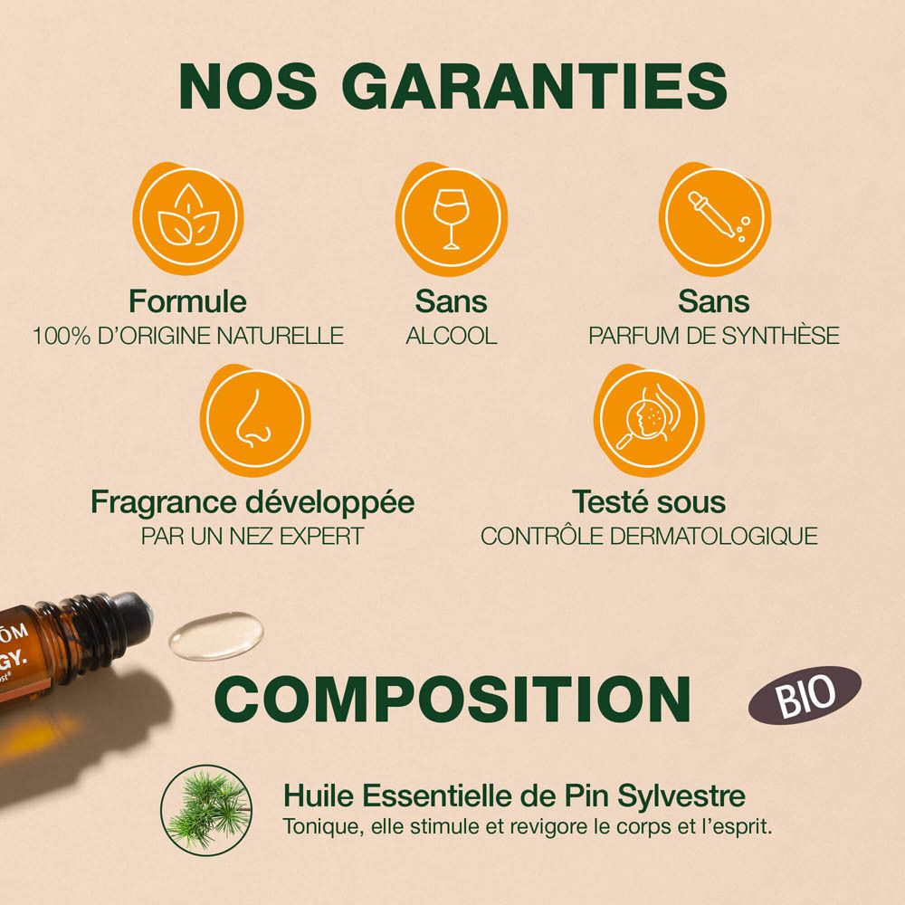 Vue latérale du flacon roll-on Pranarom Aromaboost Energy avec sceau Bio.