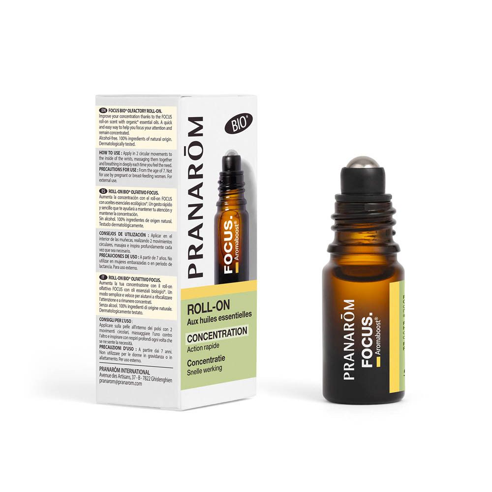 Roll-on Pranarom Aromaboost Focus. Étiquette avec instructions d'utilisation en français.