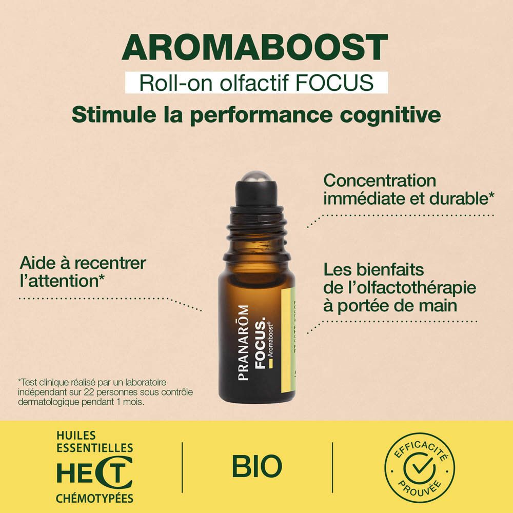 Arrière du roll-on Pranarom Aromaboost Focus. Étiquette avec sceau ECO GARANTIE et informations fabricant.