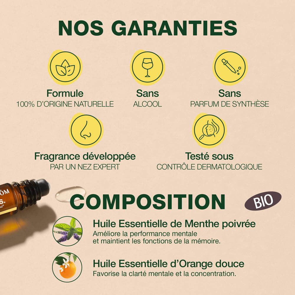 Côté du roll-on Pranarom Aromaboost Focus. Étiquette avec instructions d'utilisation et symbole 12M en français.