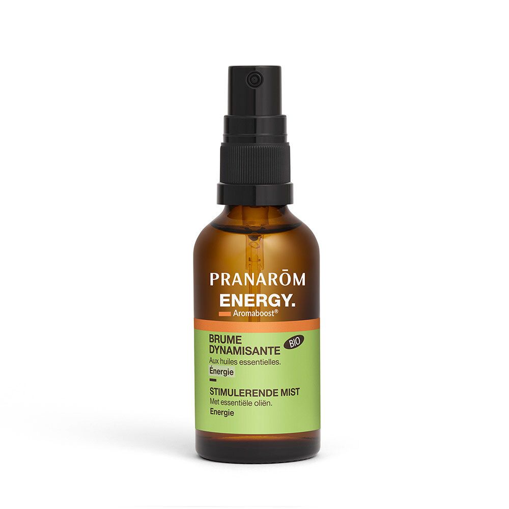 Flacon en verre brun avec vaporisateur noir. Étiquette avec nom du produit et label bio. Texte: ENERGY, Brume Dynamisante.