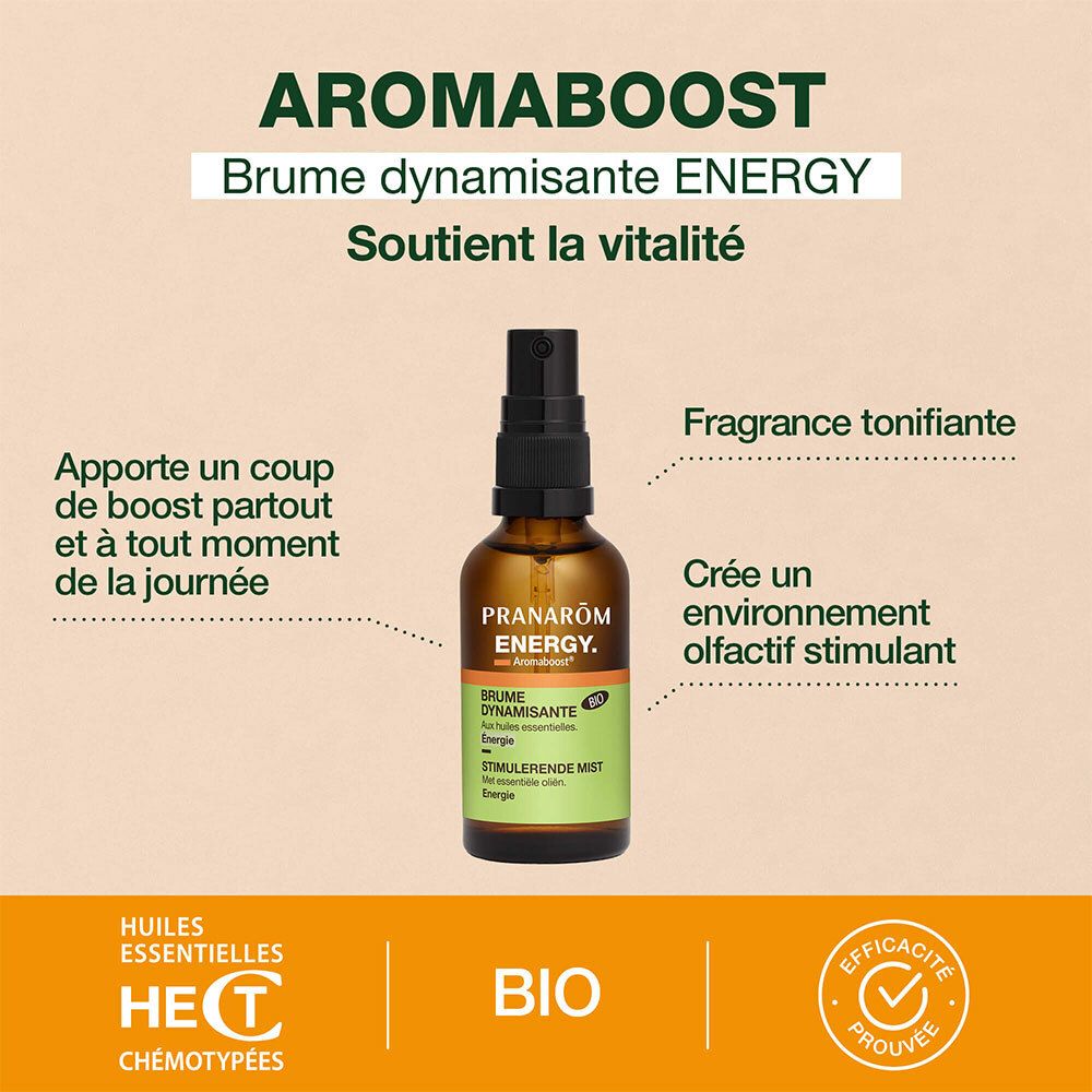 Flacon de produit avec texte et infographies. Aromaboost ENERGY, Brume dynamisante. Soutient la vitalité. Label bio.