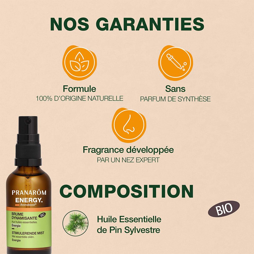 Flacon de produit avec texte et infographies. Formule 100% d'origine naturelle. Sans parfums de synthèse. Label bio.