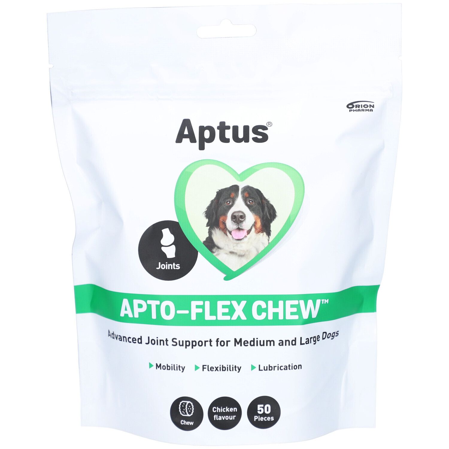Sachet Aptus Apto-flex Chew. Blanc, détails verts. Image d'un chien dans un cœur. Texte : Apto-flex Chew, soutien articulaire pour chiens.