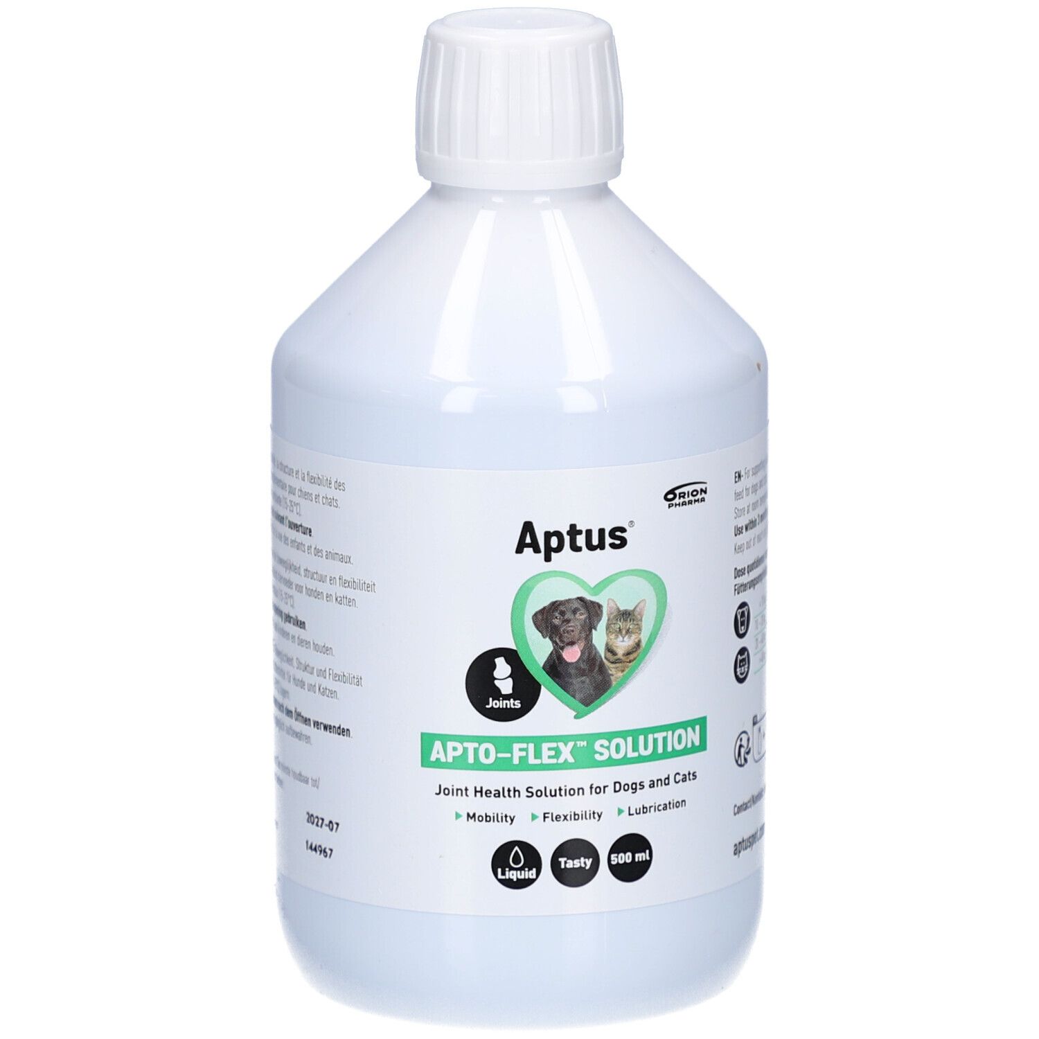 Bouteille blanche avec bouchon à vis. Étiquette avec nom du produit, logo et image chien et chat. Texte: APTO-FLEX SOLUTION.