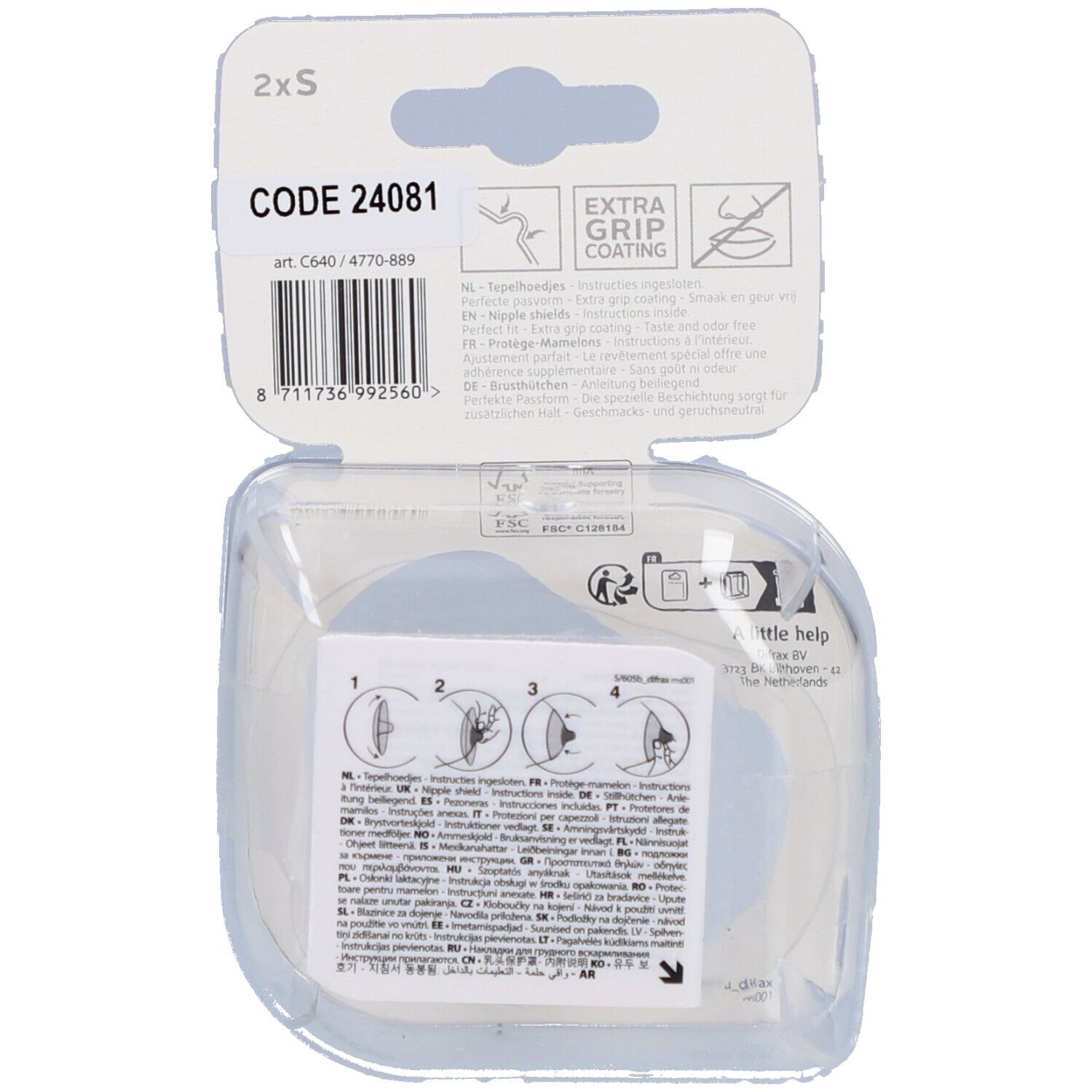 Dos de l'emballage avec code produit et instructions. Texte multilingue. Marque : Difrax. Emballage plastique transparent.