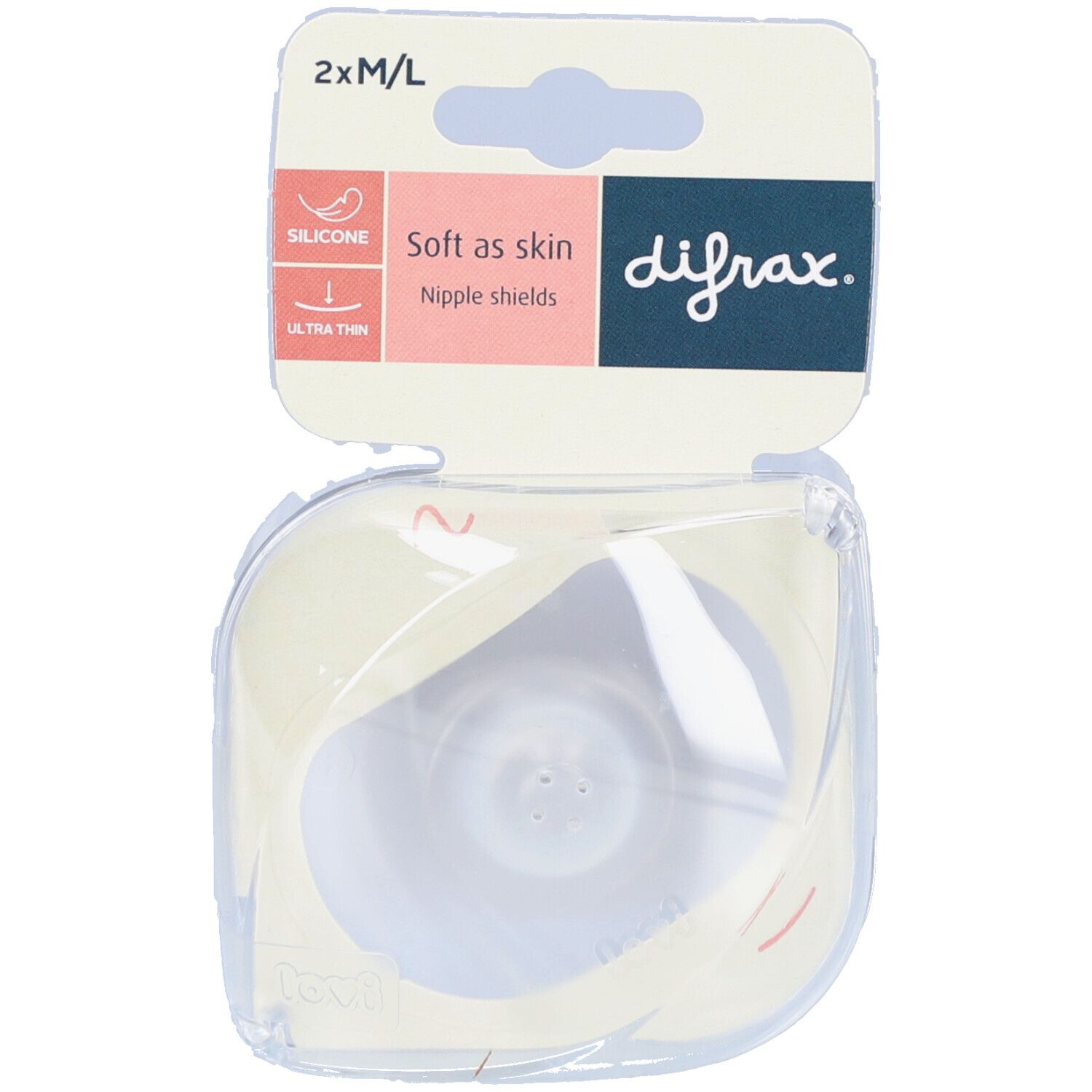 Emballage de deux protège-mamelons M/L. Marque Difrax, en silicone. Doux comme la peau, ultra fin. Emballage transparent.