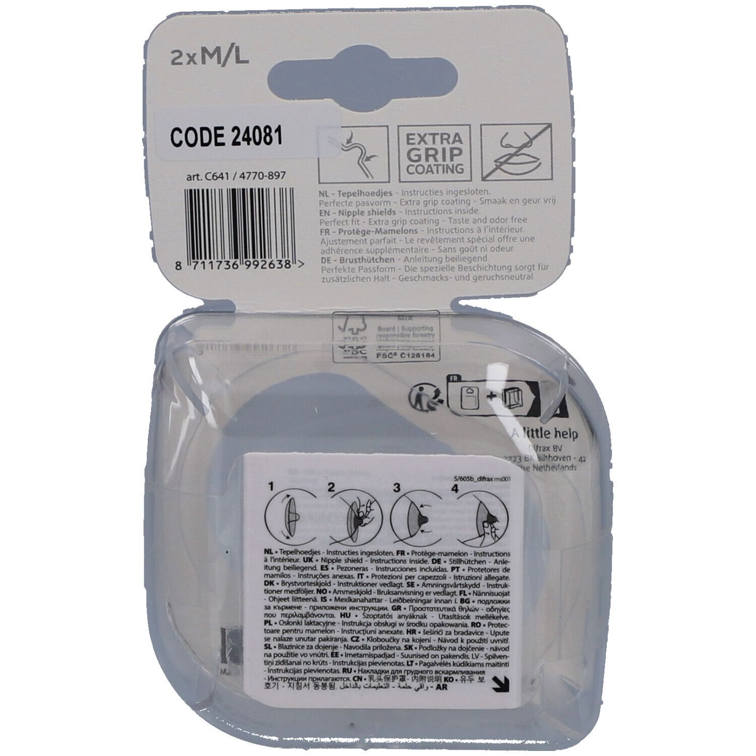 Dos de l'emballage des protège-mamelons. Code produit, instructions avec pictogrammes. Revêtement Extra Grip.