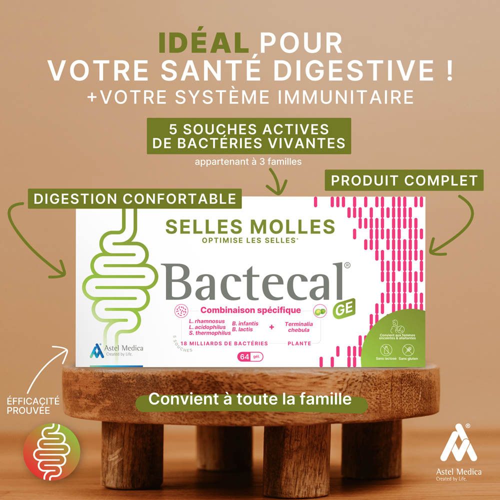 Boîte Bactecal GE avec symbole intestinal et lignes roses. Pour selles molles.