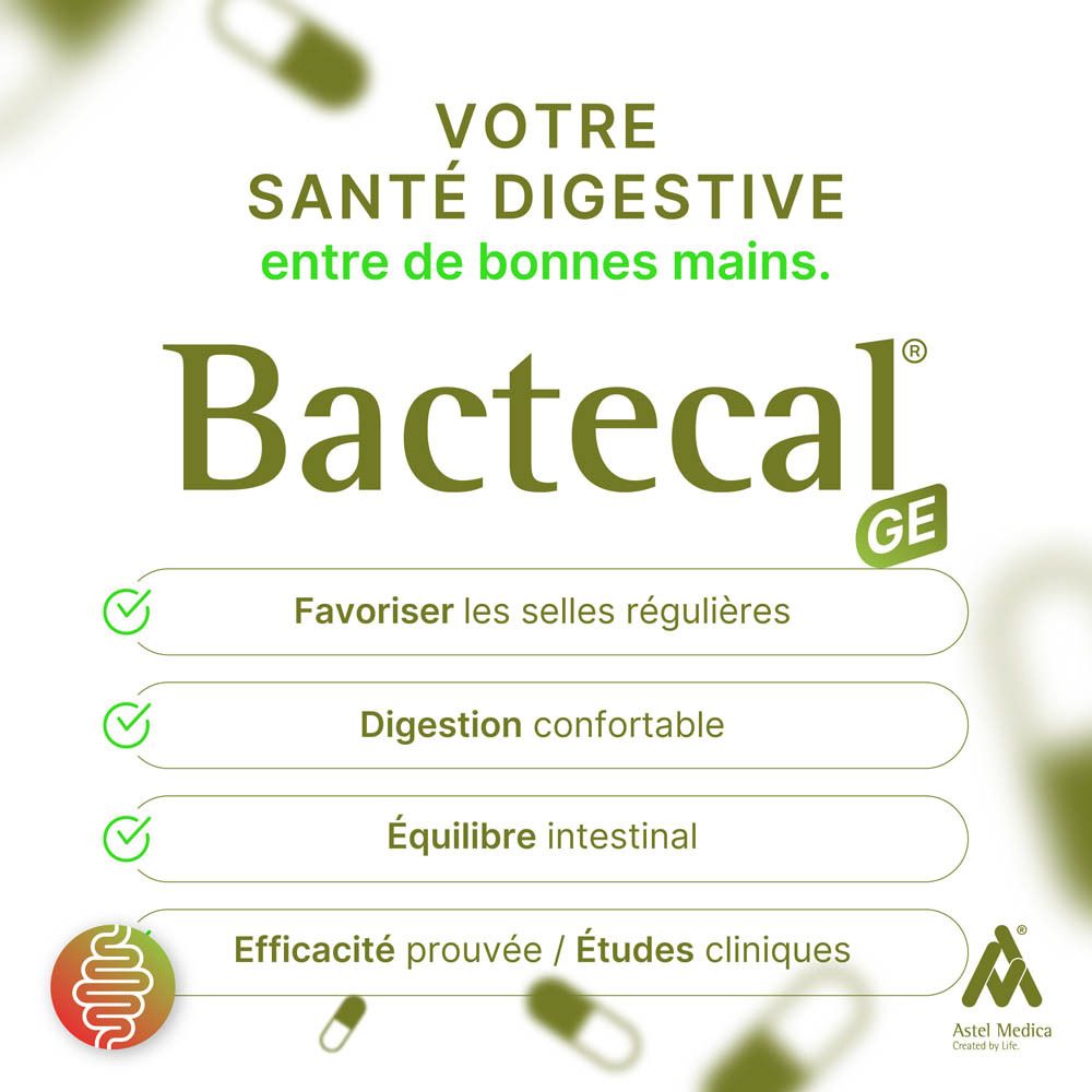 Boîte Bactecal GE avec symbole intestinal et lignes roses. Pour selles molles.