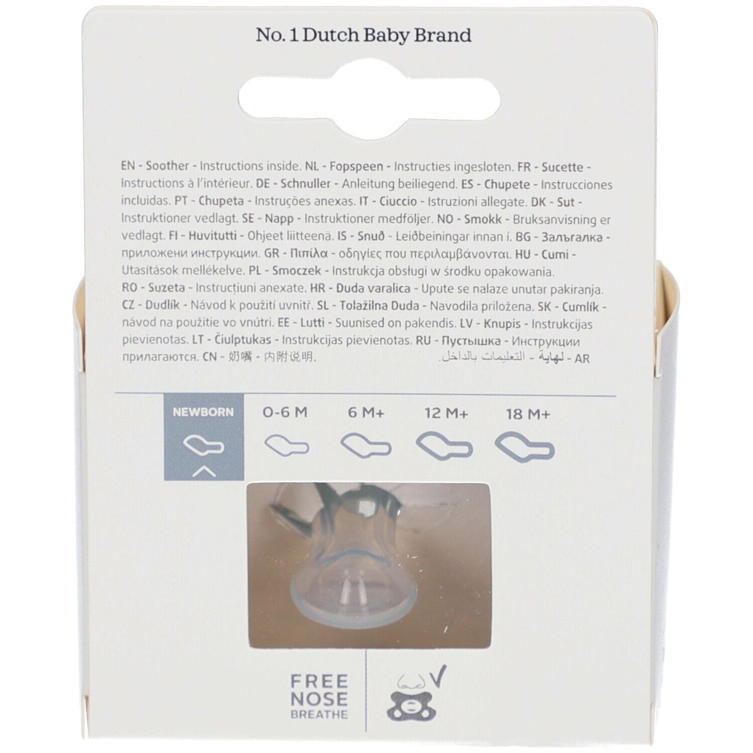 Dos de l'emballage. Texte: No. 1 Dutch Baby Brand. Illustrations et texte pour différents âges.