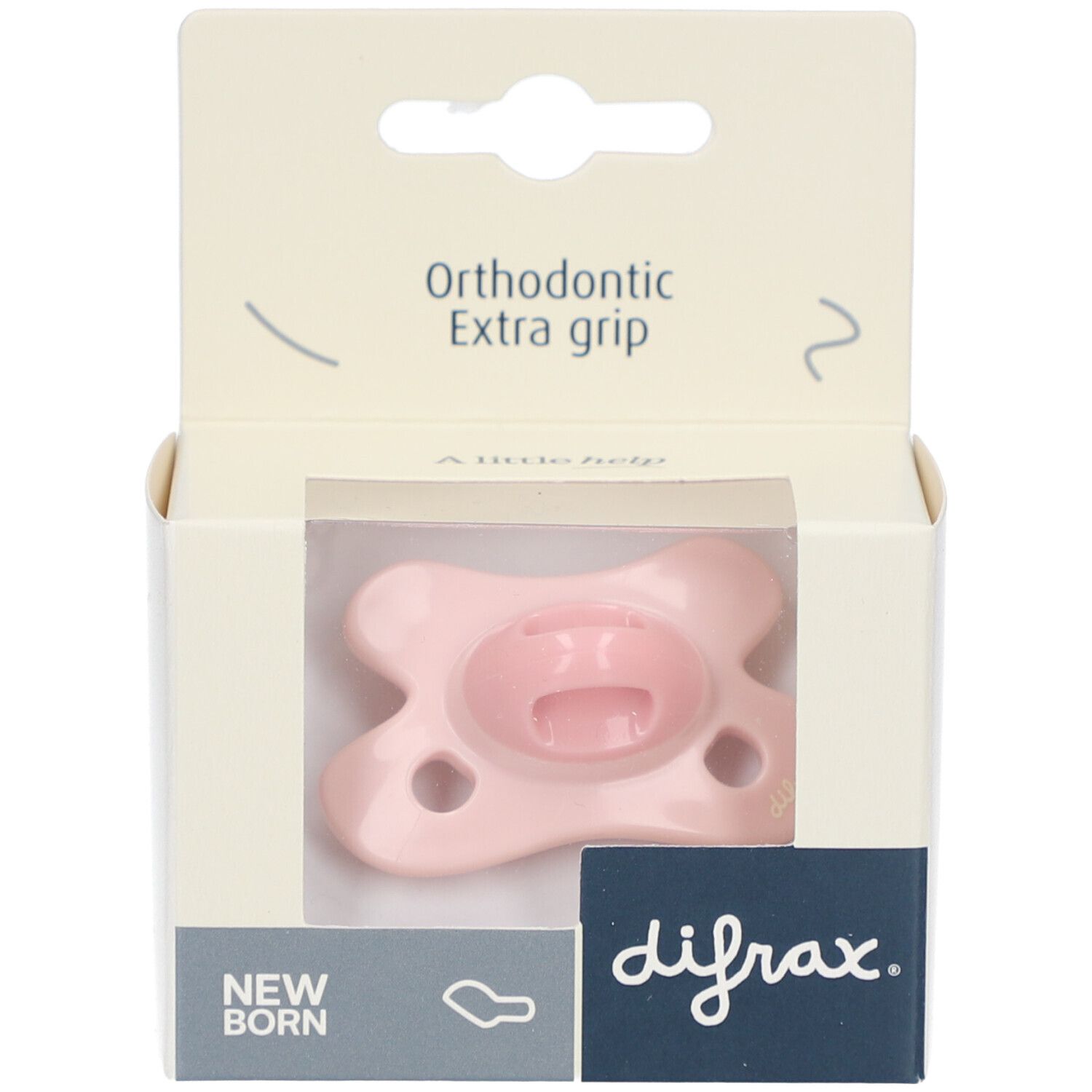 Sucette rose dans un emballage en carton. Orthodontic Extra grip. Logo difrax. NEW BORN.