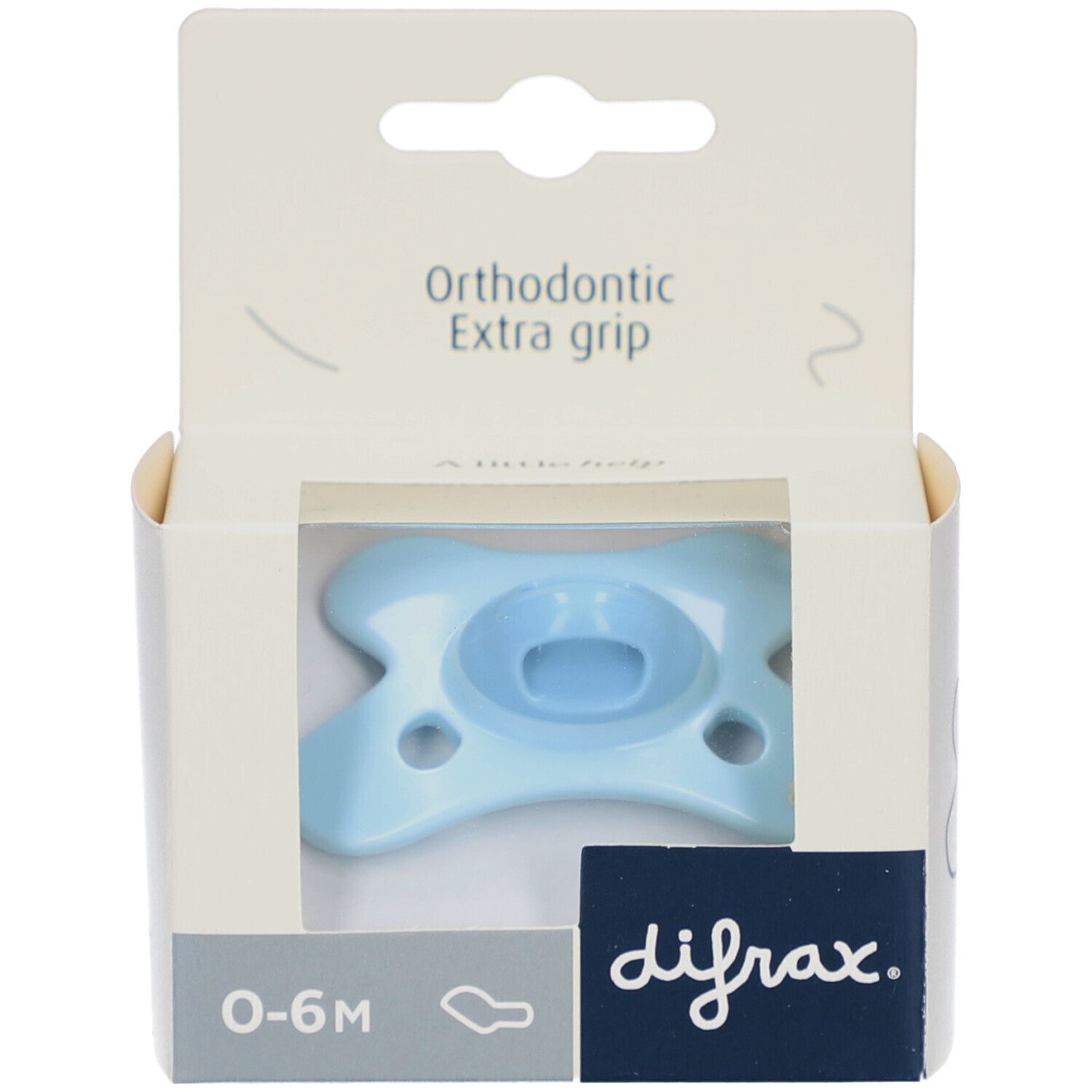Sucette bleue dans son emballage. Orthodontic Extra grip. Caractéristique visible du produit : 0-6M. Marque : difrax.