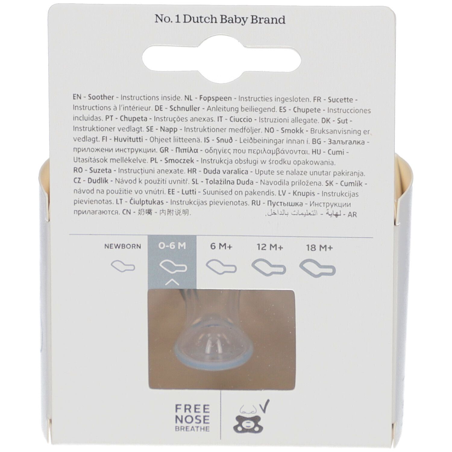 Dos de l'emballage avec informations produit. Recommandation d'âge : 0-6M. Texte : No. 1 Dutch Baby Brand.