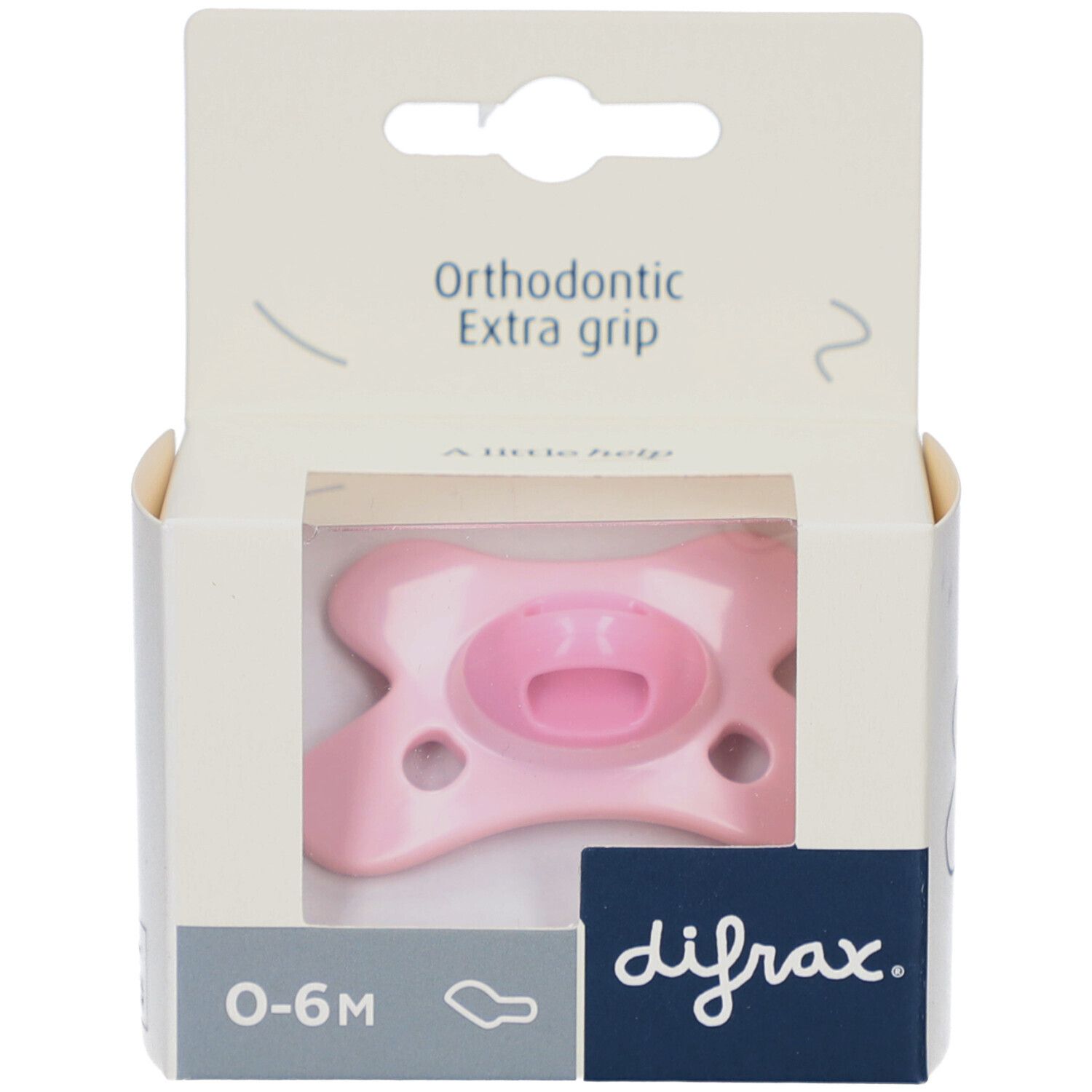 Sucette rose dans son emballage. Orthodontic Extra grip. Âge: 0-6 mois. Marque: difrax.