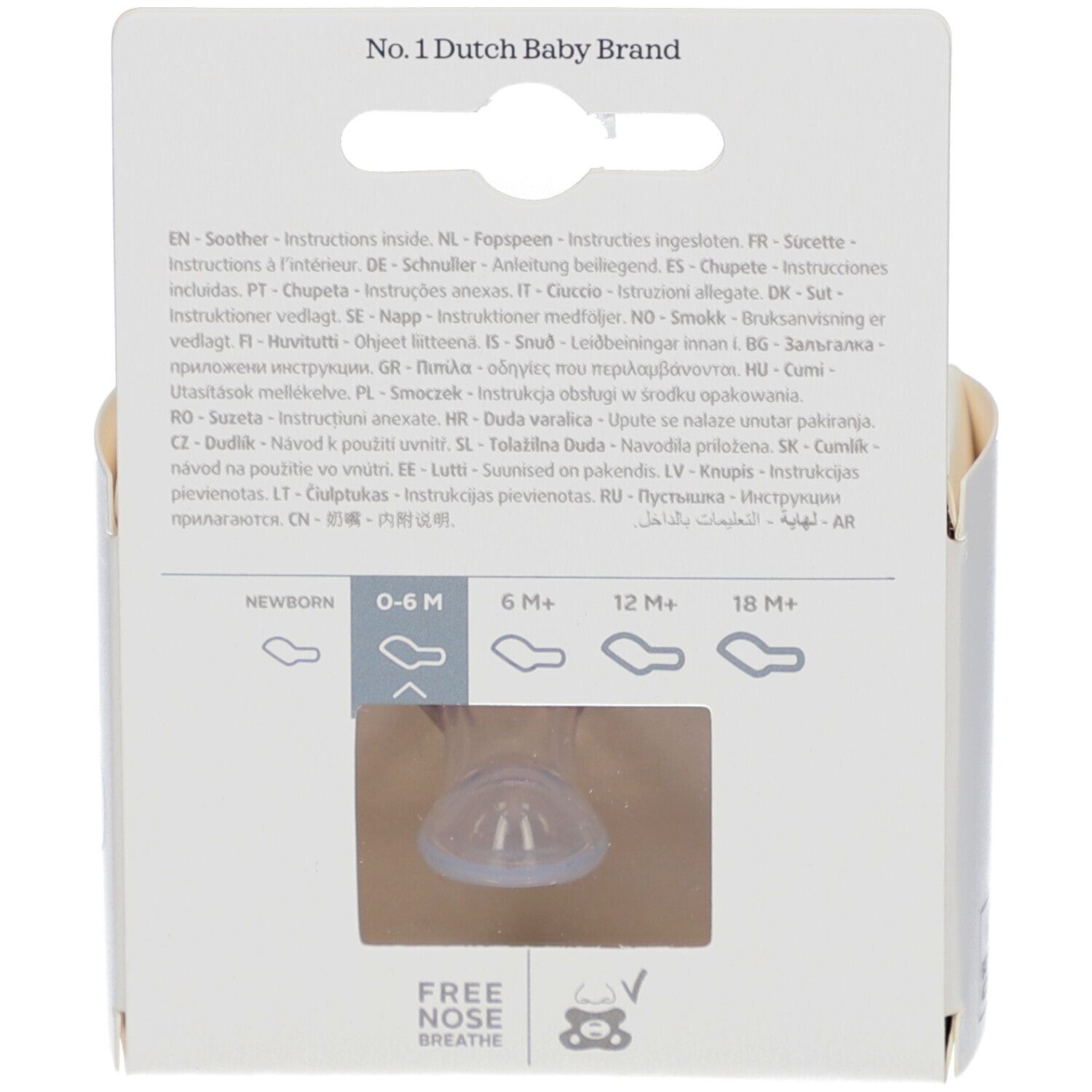 Dos de l'emballage. Texte: No. 1 Dutch Baby Brand. Recommandation d'âge: 0-6 mois.