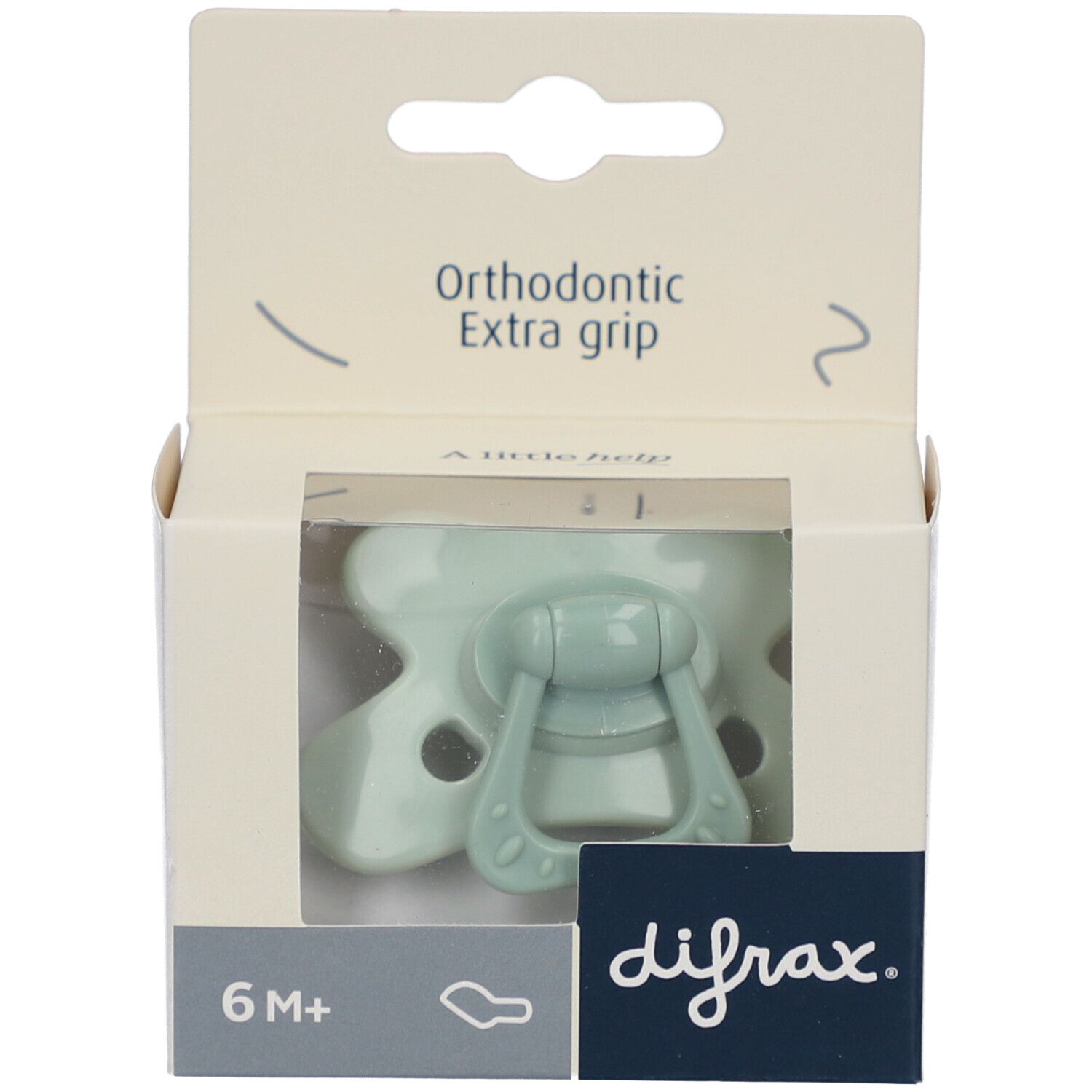 Sucette verte menthe dans emballage. Orthodontic Extra grip. Fenêtre. Inscription 6M+. Marque visible.