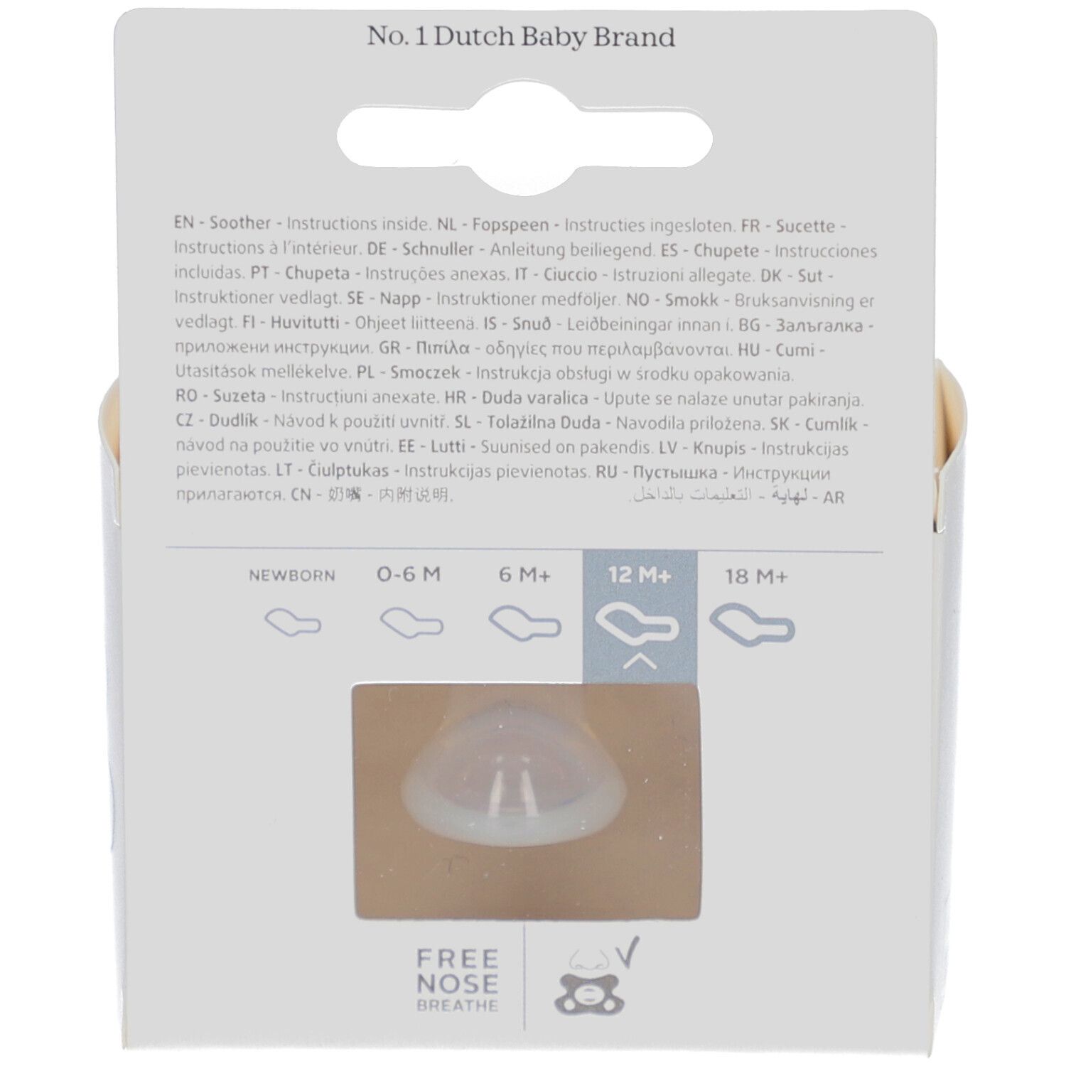 Dos de l'emballage avec informations produit et indications d'âge. Visible : forme de la sucette.